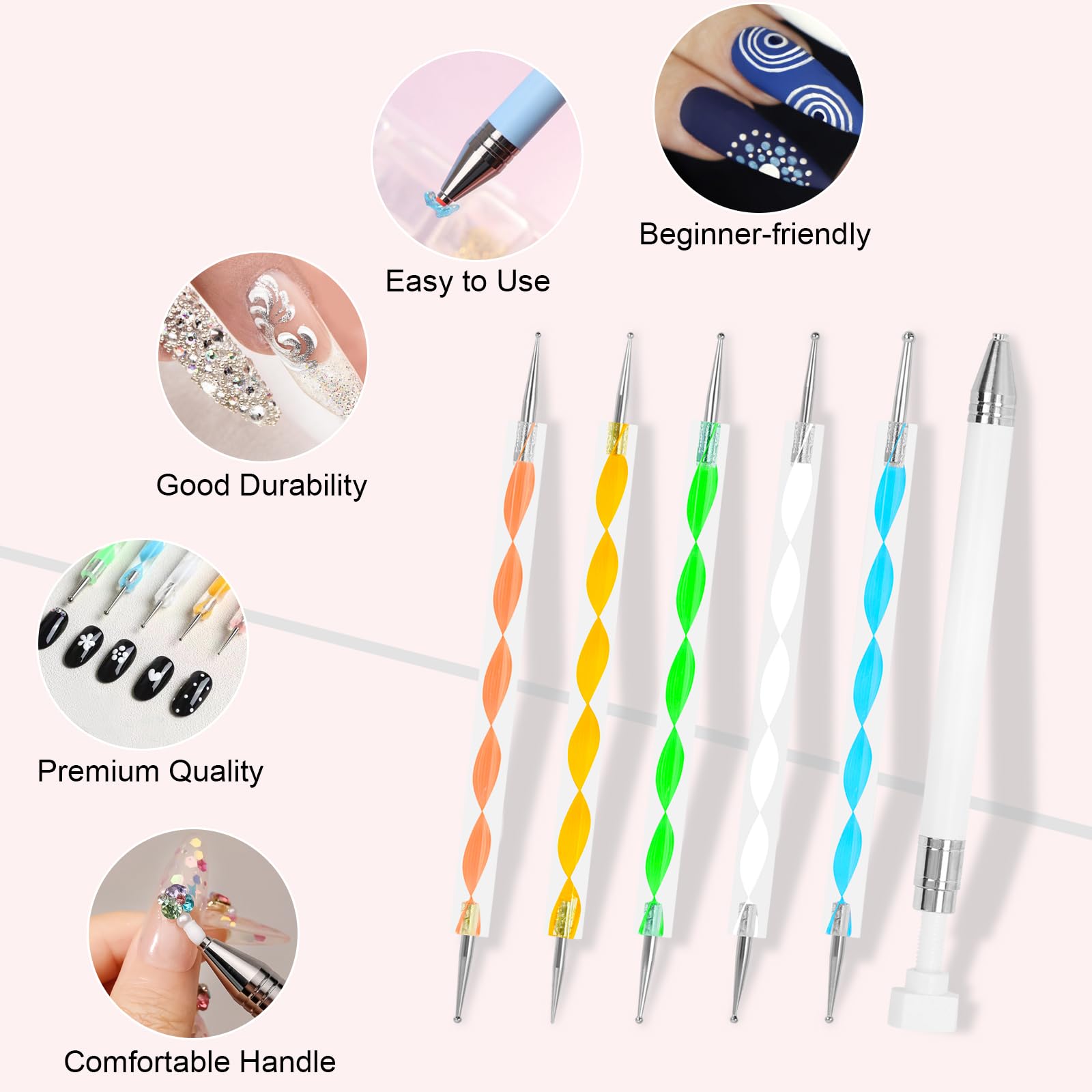 Diamond Art Pen & Rhinestones Applicator - 5Pcs Dual-Ended Wax Pencil for Crystal Beads, Gem Picker Tool with Nail Dotting Tools - Perfect for DIY Nail Art, Manicure & Craft Decoration (White)