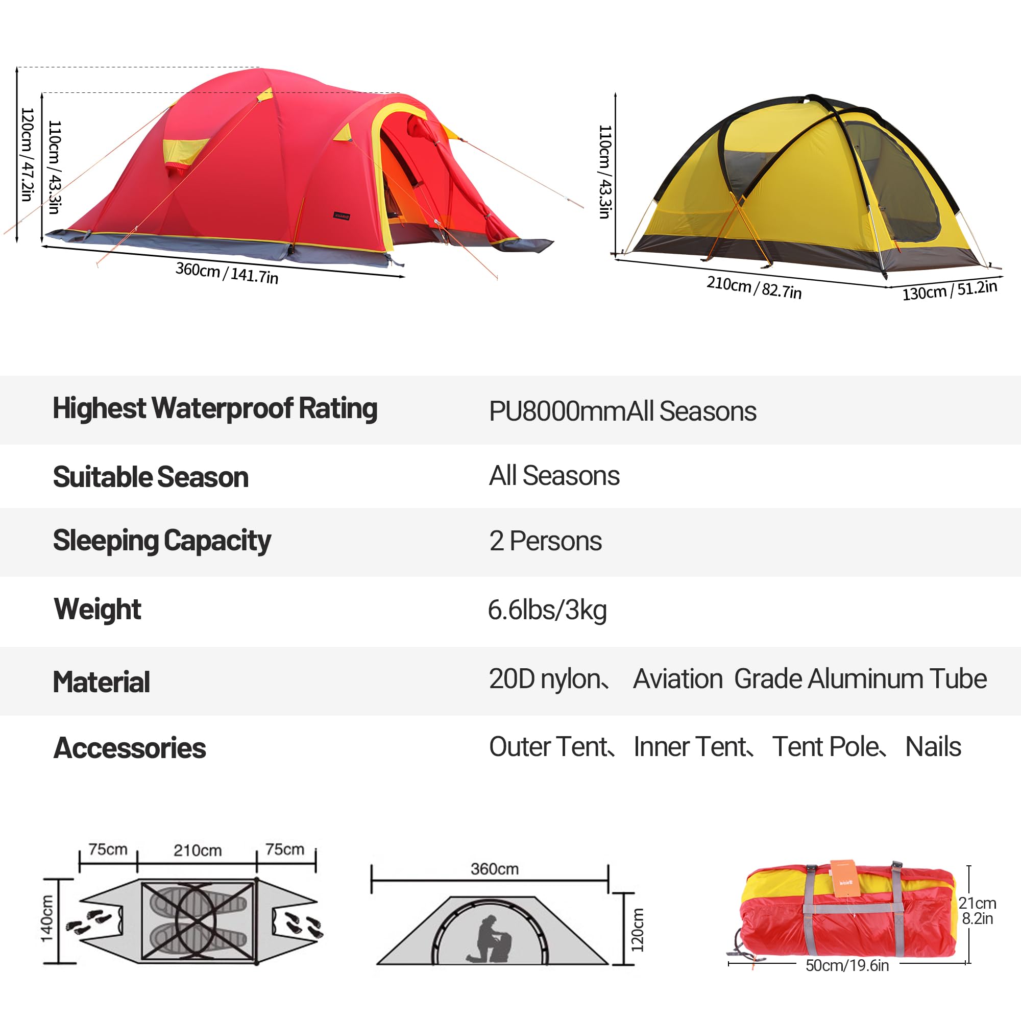 Hiamalay 4 Season All-Weather Tent - Waterproof Windproof Lightweight Camping Tent for Winter, Cold Weather & Outdoor Adventures - Easy Setup for Family Camping, Hiking & Mountaineering - Perfect for Snowy Expeditions & Backpacking Trips