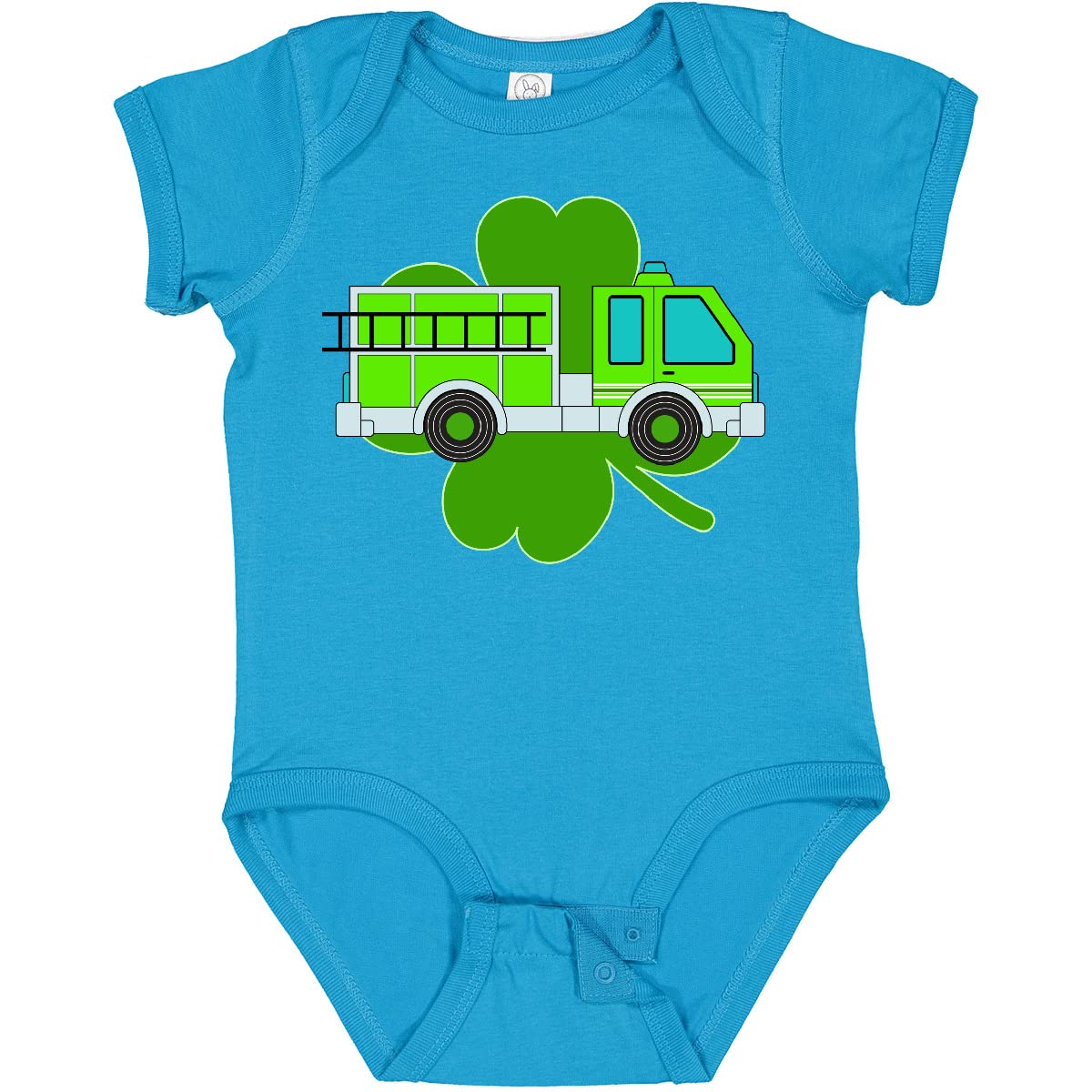 St. Patrick's Day Green Fire Truck with Clover Baby Bodysuit - Irish-Themed Infant Outfit for Holiday Photos & Family Celebrations