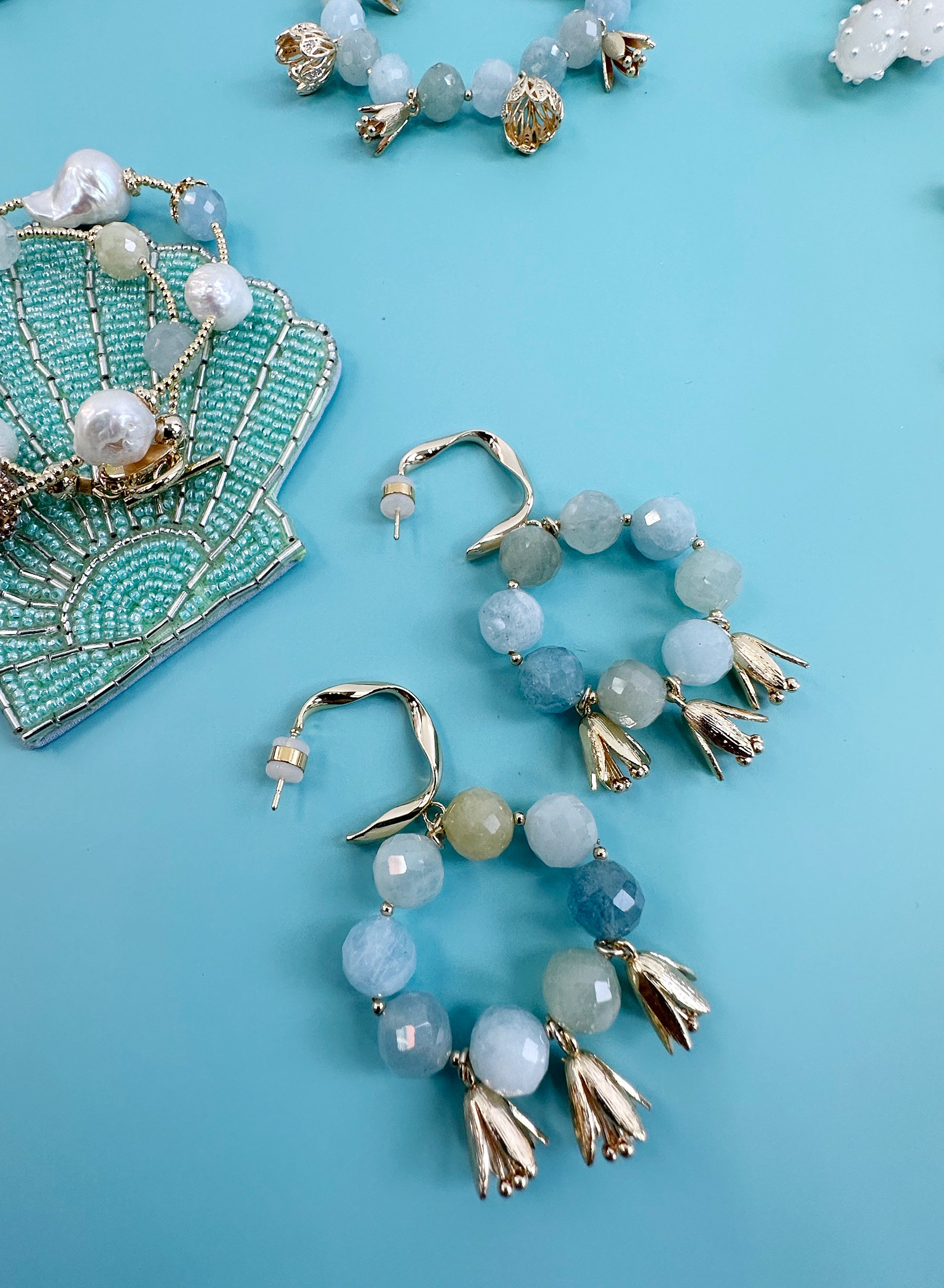 Bohemian Style Aquamarine Flower Charm Earrings JE030 - Elegant Handmade Jewelry for Women, Perfect for Weddings, Parties & Boho Fashion