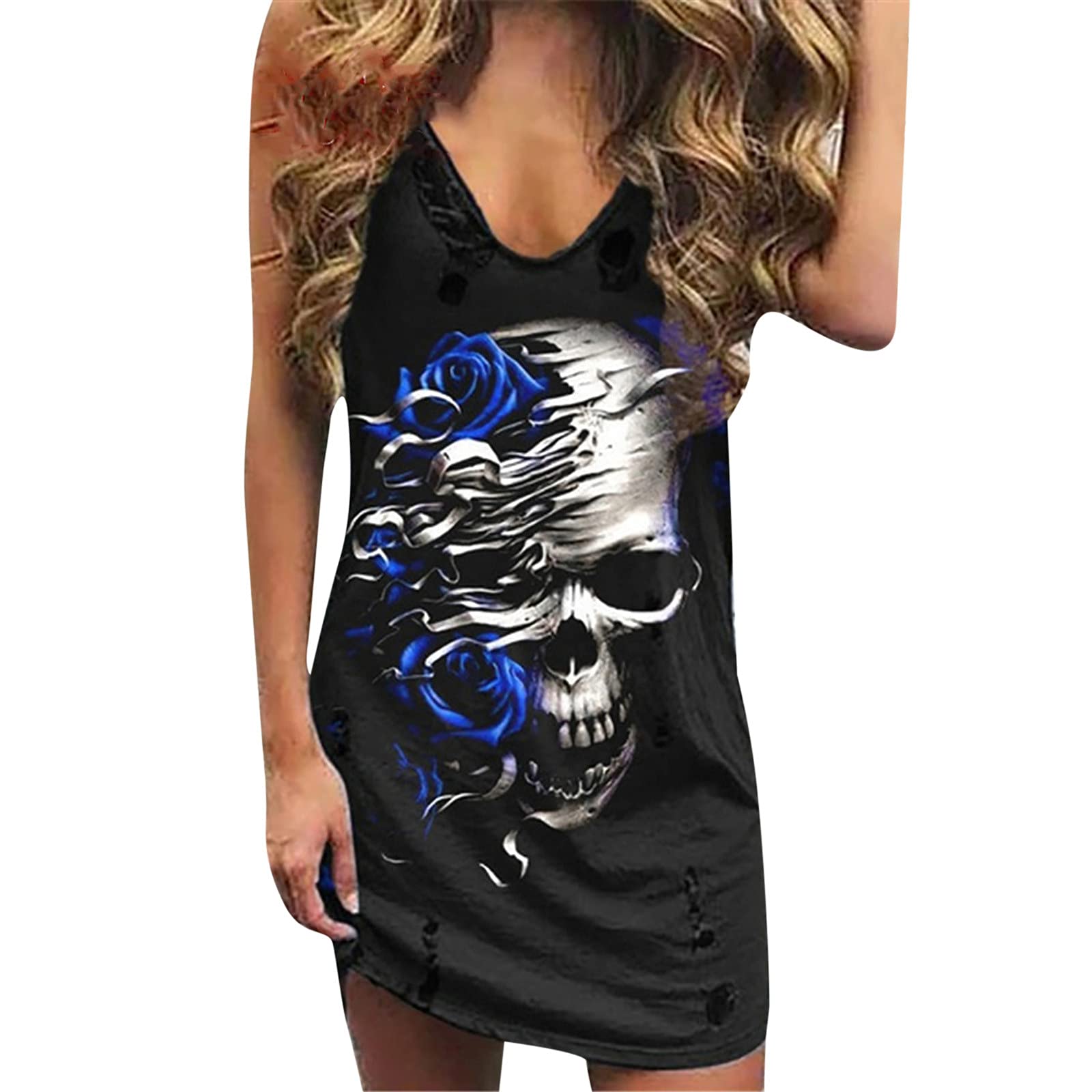 JUEBO Women's Rose Skull Print Mini Dress - Sleeveless Tank Summer Dress, Knee-Length Casual Dress for Party, Beach, Date Night & Daily Wear