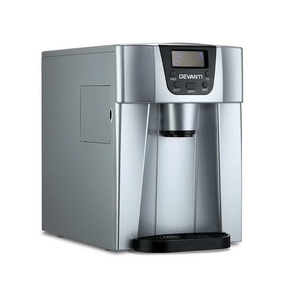 Devanti 2L Portable Ice Cube Maker & Water Dispenser - Silver | Countertop Ice Machine for Home, Office, RV & Outdoor Use | Fast Ice Production in 6-8 Minutes