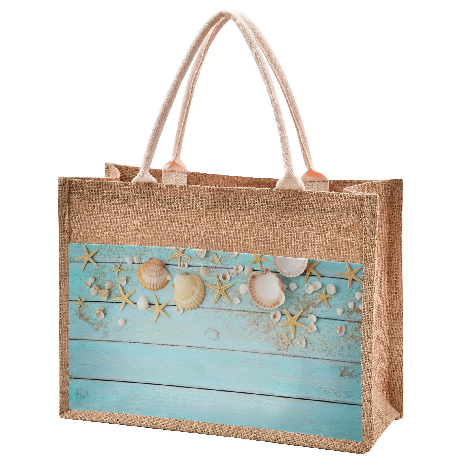 CaTaKu Natural Jute Tote Bag with Zipper Closure & Front Canvas Pocket - Large 17
