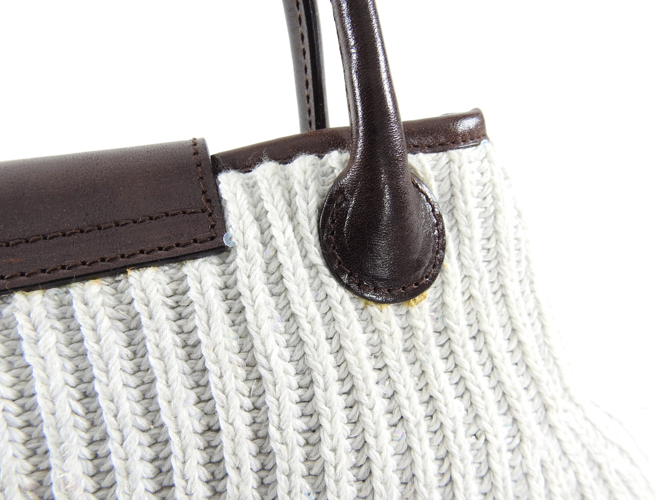 Brunello Cucinelli Luxury White Knit & Brown Leather Pochette Bag - Elegant Clutch for Women, Perfect for Evening Parties & Special Occasions