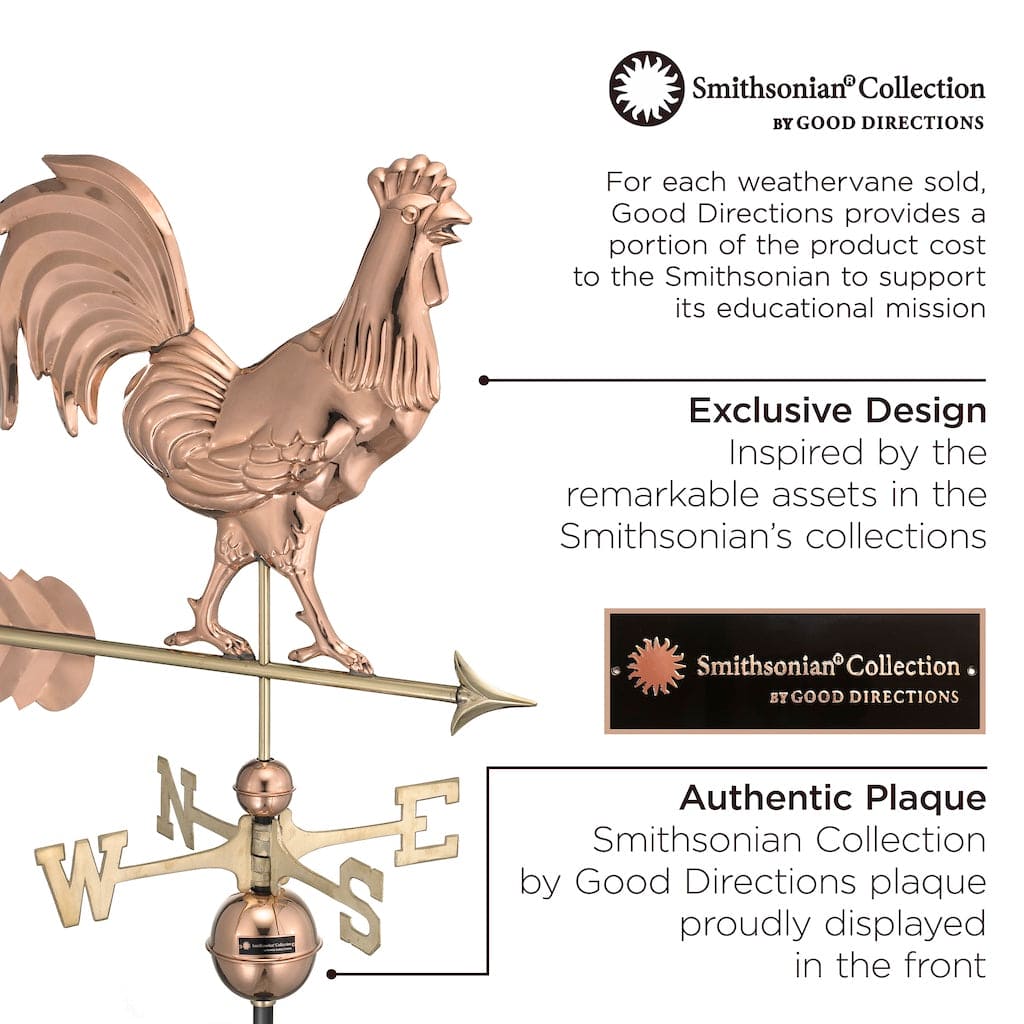 Smithsonian Rooster Weathervane - Pure Copper Handcrafted Outdoor Decor for Garden, Farmhouse, or Barn - Weather Resistant & Durable Design