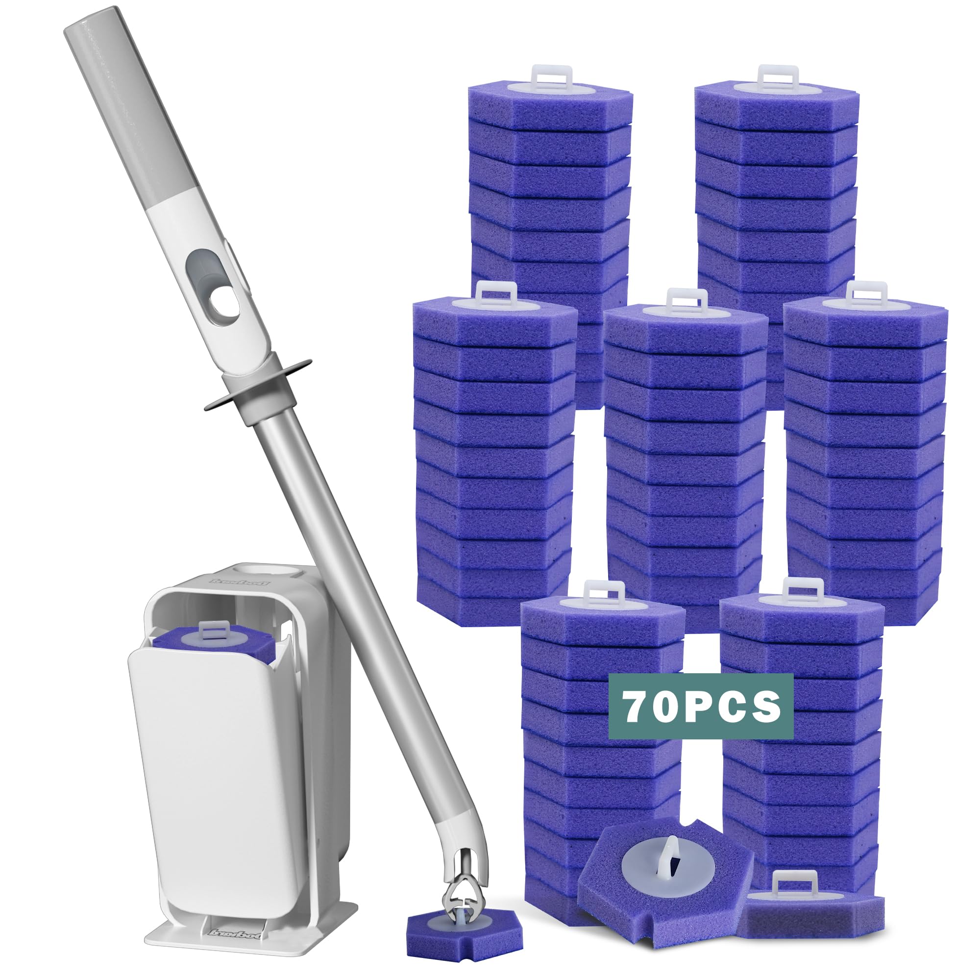 **Disposable Toilet Bowl Cleaning Brush with 70 Refills - Scrubber Wand & Holder Set, Bathroom Cleaning Kit with Storage Caddy (1 Wand + 70 Pads + 1 Caddy) - Ideal for Quick & Hygienic Toilet Cleaning**