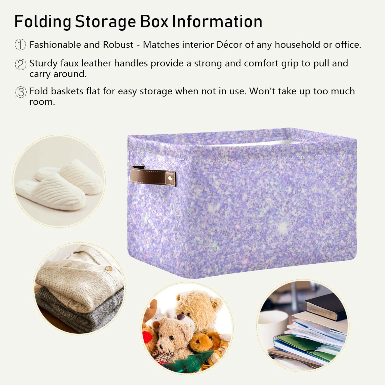 Shiny Glitter Lavender Foldable Storage Bins (2-Pack) - Collapsible Fabric Storage Baskets with Handles for Toys, Nursery, Closet & Office Organization | Space-Saving Home Decor Solution