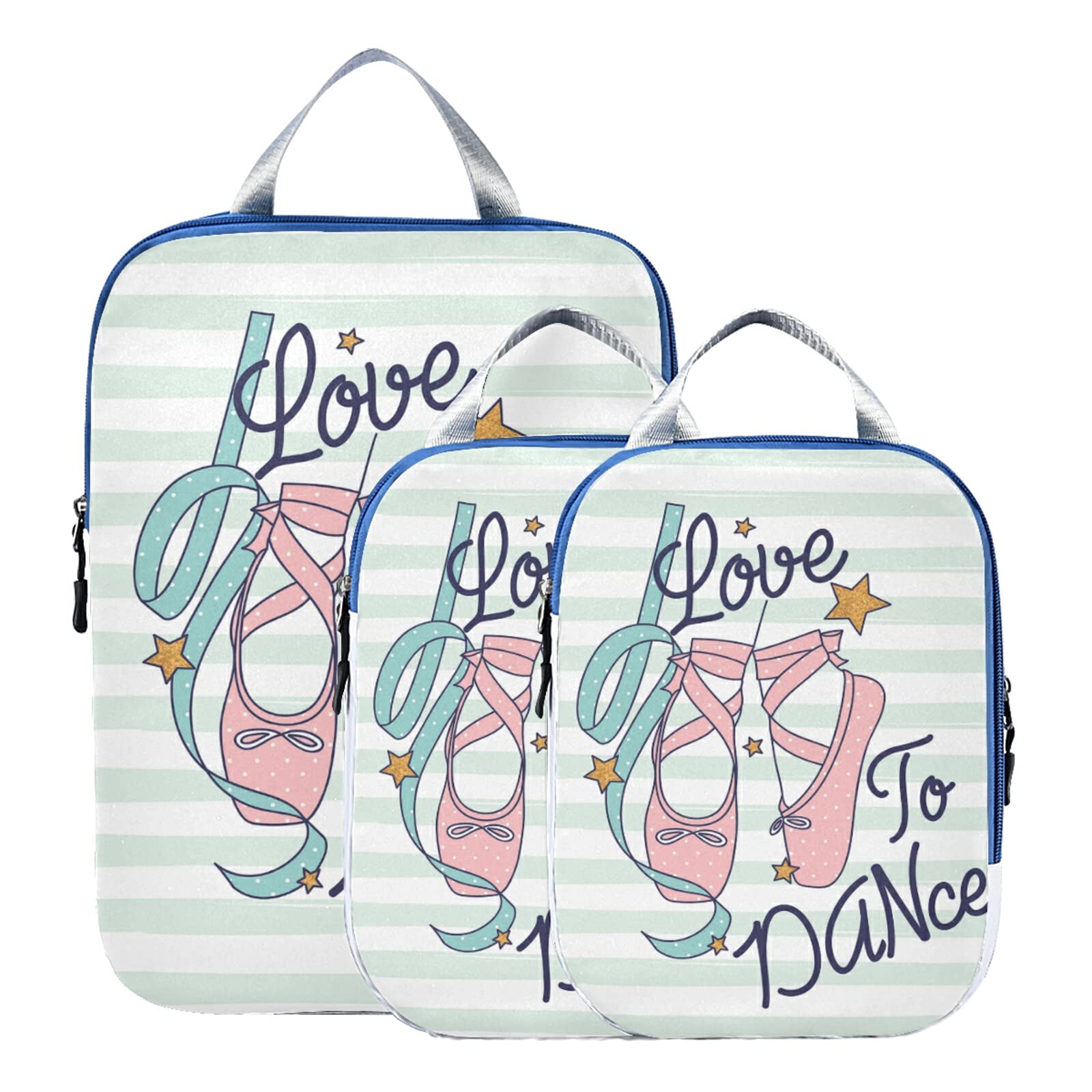 Pink Ballerina Shoes Love To Dance Green White Stripes 3-Piece Packing Cube Set - Waterproof Travel Organizers for Suitcases, Luggage & Toiletry Storage - Perfect for Ballet Dancers, Weekend Trips & Airplane Carry-Ons