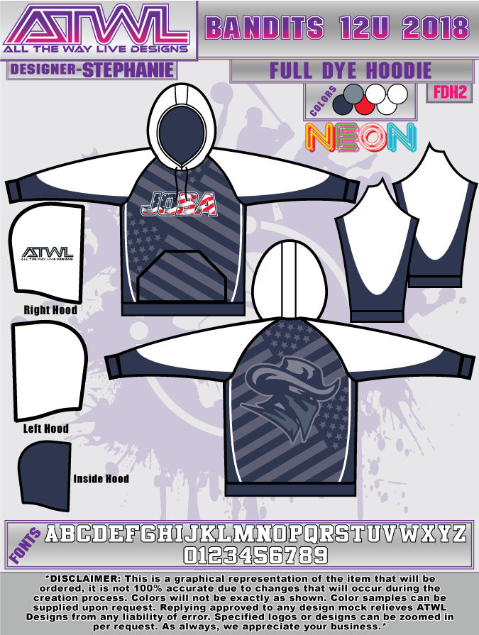 Bandits 12U Full Dye Sublimation Hoodie - Custom Baseball Softball Team Hooded Sweatshirt for Youth Sports & Casual Wear