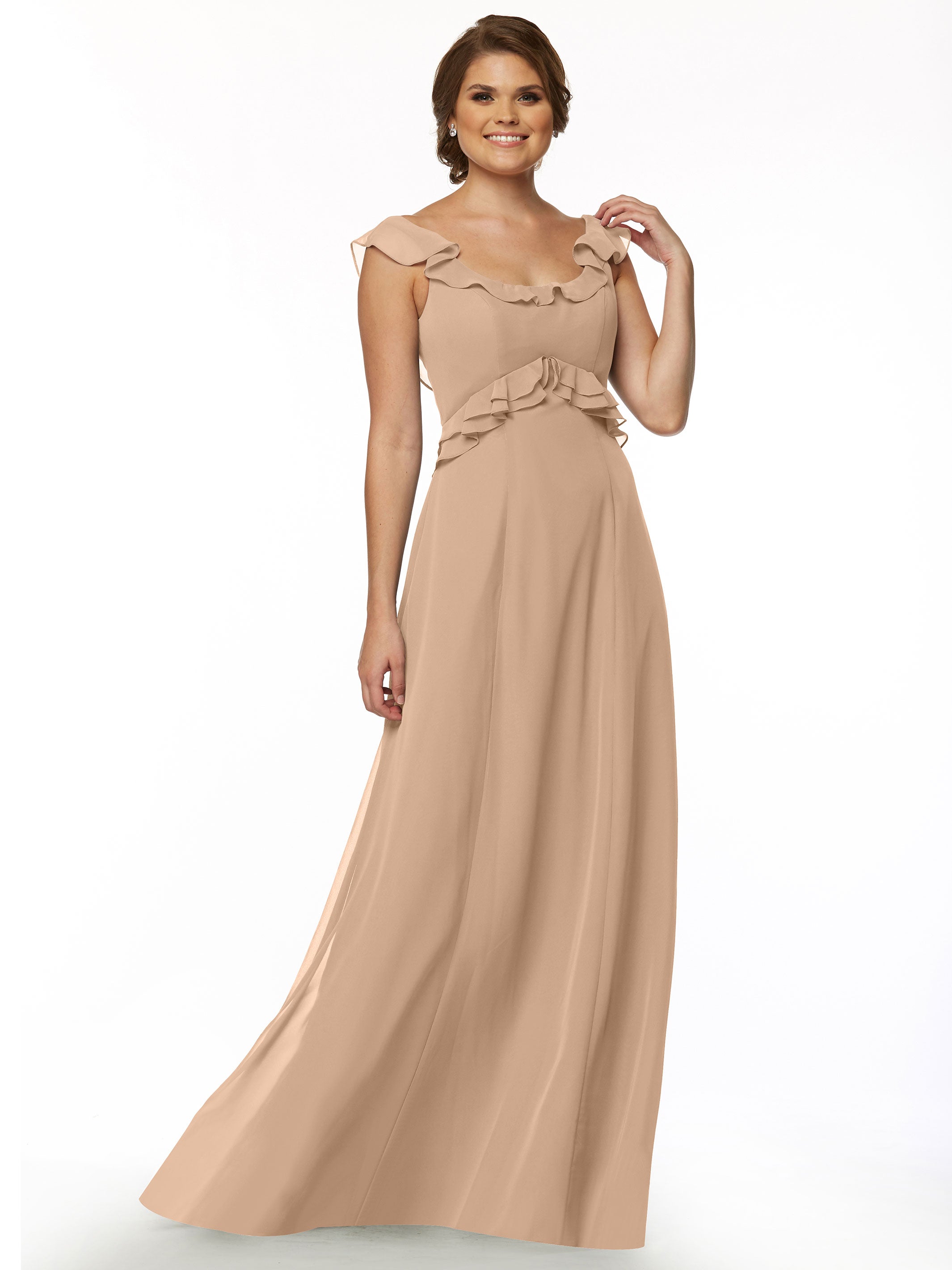 Elegant 80173 Chiffon Off-The-Shoulder A-Line Bridesmaid Dress with Ruffled Bodice - Perfect for Weddings, Formal Events & Special Occasions