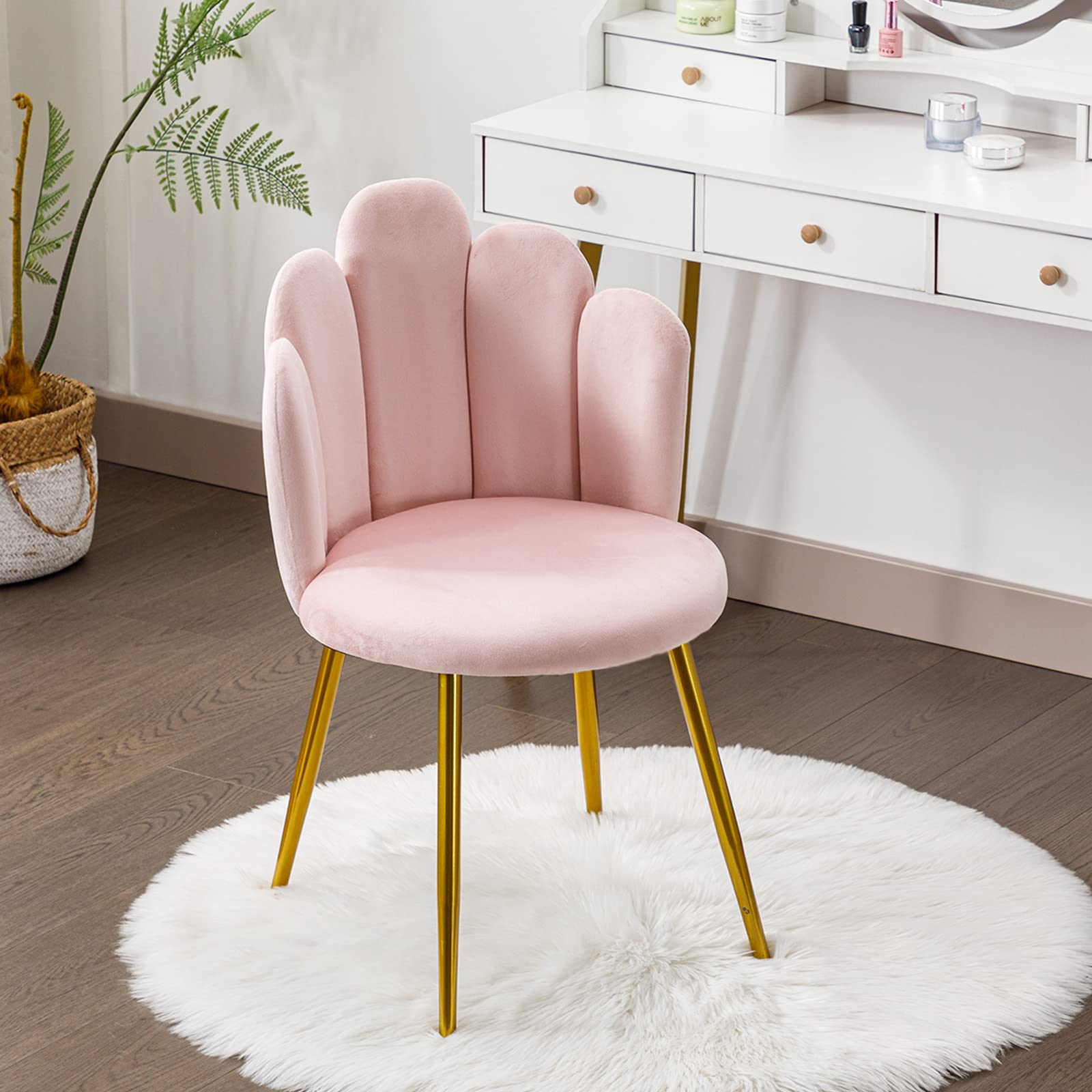 Okeysen Mid Century Modern Velvet Vanity Chair with Gold Legs - Pink Accent Chair for Makeup Room, Bedroom & Living Room | Perfect for Dressing Tables, Boudoir Decor & Lounge Seating