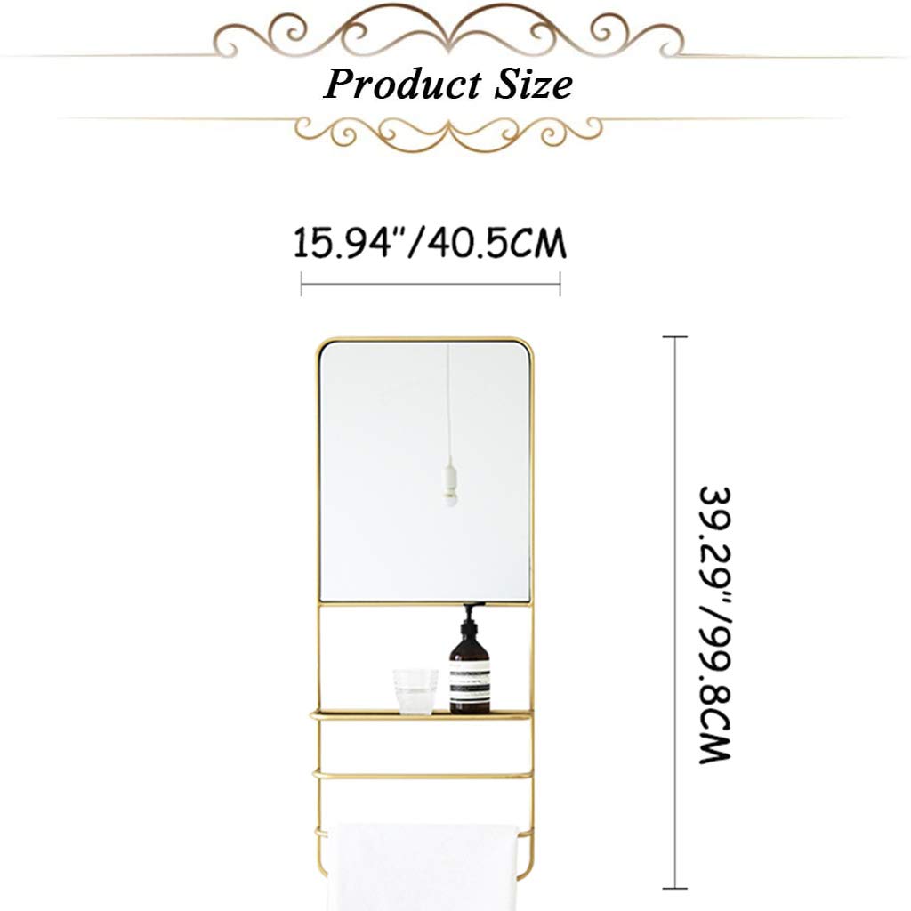 40'' Gold Rectangular Metal Wall Mirror with Shelf & Towel Rack - Full Length Bathroom Mirror for Entryway, Pharmacy & Home Decor - Perfect for Vanity, Dressing Room & Small Space Organization