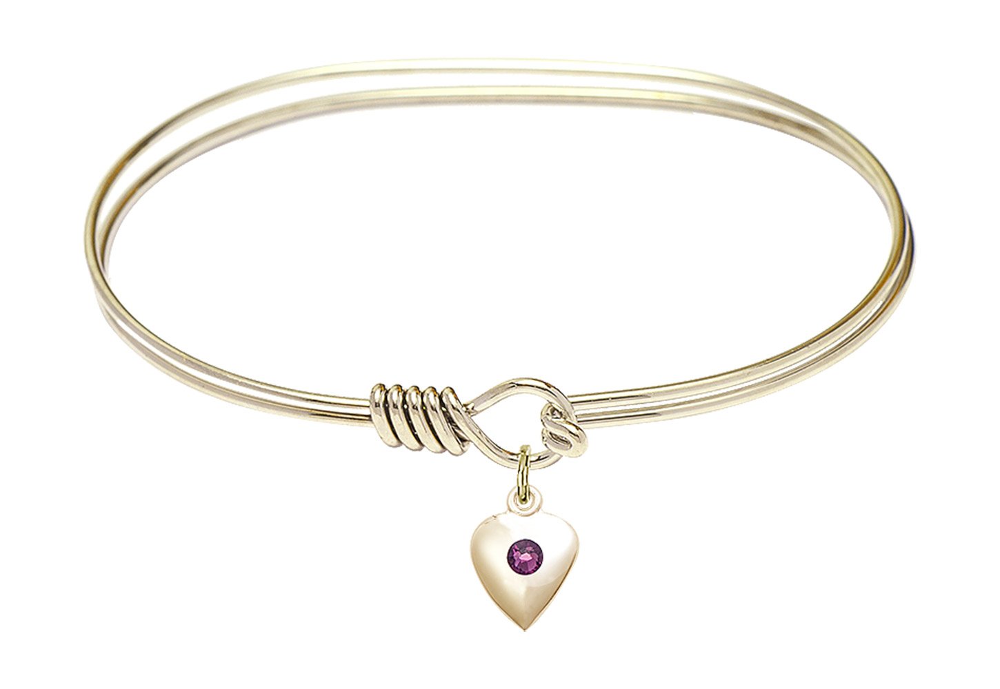 7 Inch Oval Eye Hook Bangle Bracelet with Heart Charm & February Birthstone Purple Crystal - Perfect for Valentine's Gifts, Birthday Presents, and Everyday Fashion Accessories