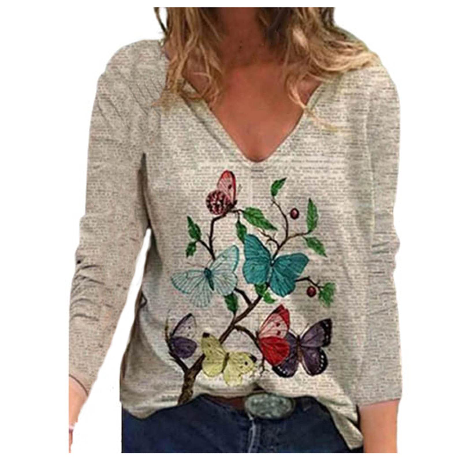 Women's Long Sleeve Floral Print T-Shirt - Casual V-Neck Loose Fit Blouse, Comfortable Basic Tee for Everyday Wear | Perfect for Work, Dating & Weekend Outfits