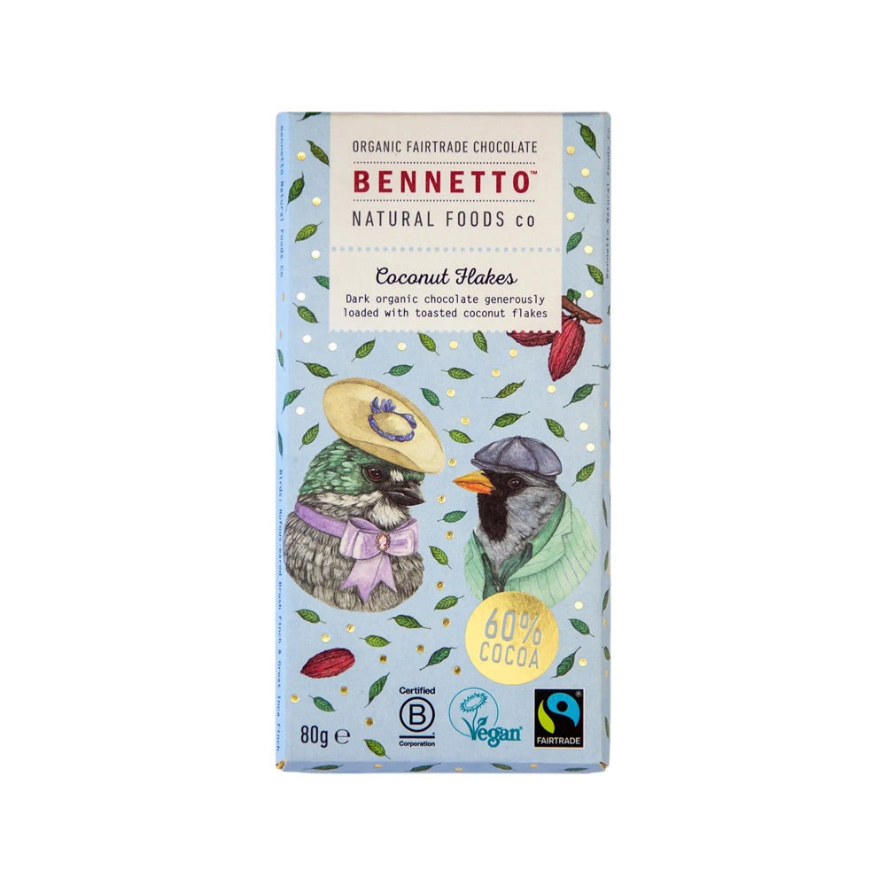 BENNETTO Organic Dark Chocolate with Coconut Flakes 80g - Healthy Vegan Snack for Desserts, Baking & Gifting