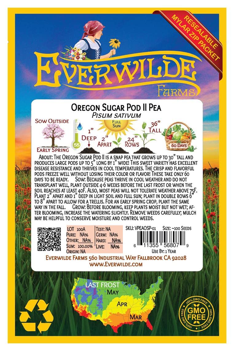 Everwilde Farms - 100 Oregon Sugar Pod II Pea Seeds - Non-GMO, Heirloom, Gold Vault Jumbo Seed Packet for Home Gardening, Vegetable Planting & Fresh Salads