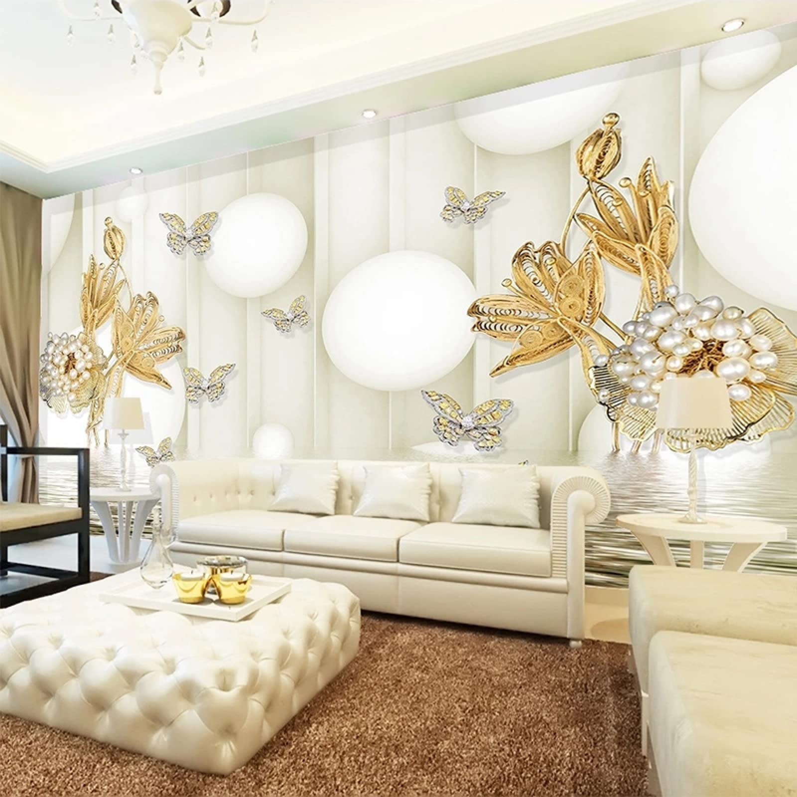 3D Golden Pearl Flower Butterfly Jewelry Wall Mural Wallpaper - 47x32 Inch Self-Adhesive Peel & Stick for Living Room TV Background, Bedroom, Dining Room Decor