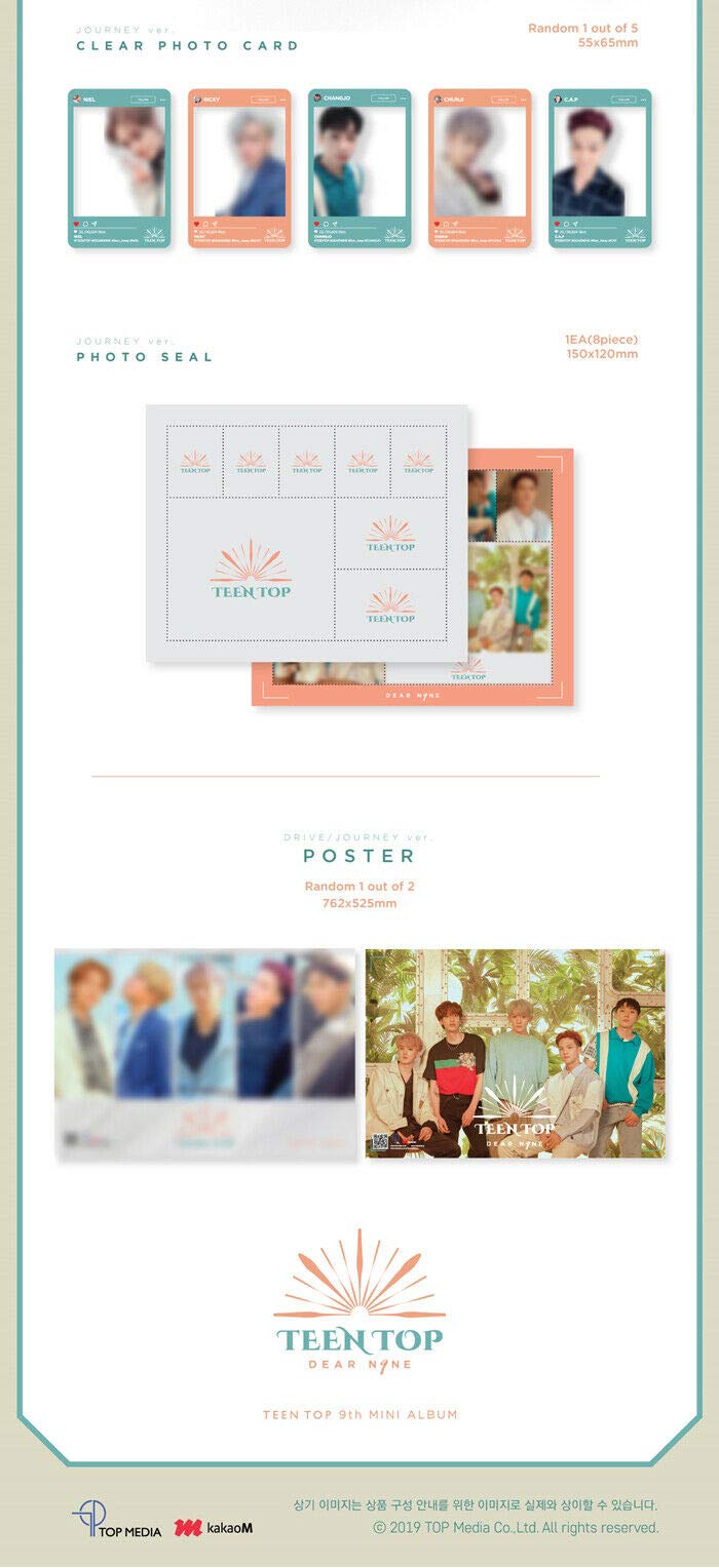 TEEN TOP [DEAR.N9NE] 9th Mini Album [DRIVE+JOURNEY] 2 Version SET - 2CDs + 88p Photo Book + Poster + Clear Photo Cards + Unit Photo Cards + Photo Seals + Tracking Code - Perfect for K-Pop Collectors and Gift Giving