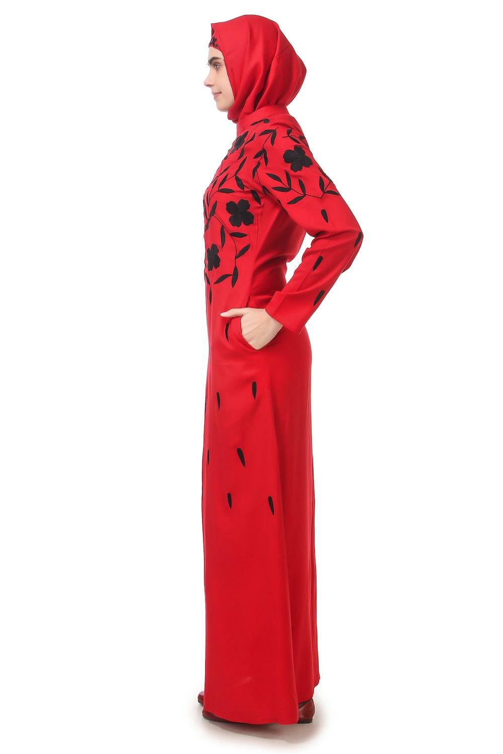 Elegant Black Floral Embroidery Red Rayon Abaya Dress for Women - Perfect for Eid, Ramadan, Wedding & Special Occasions