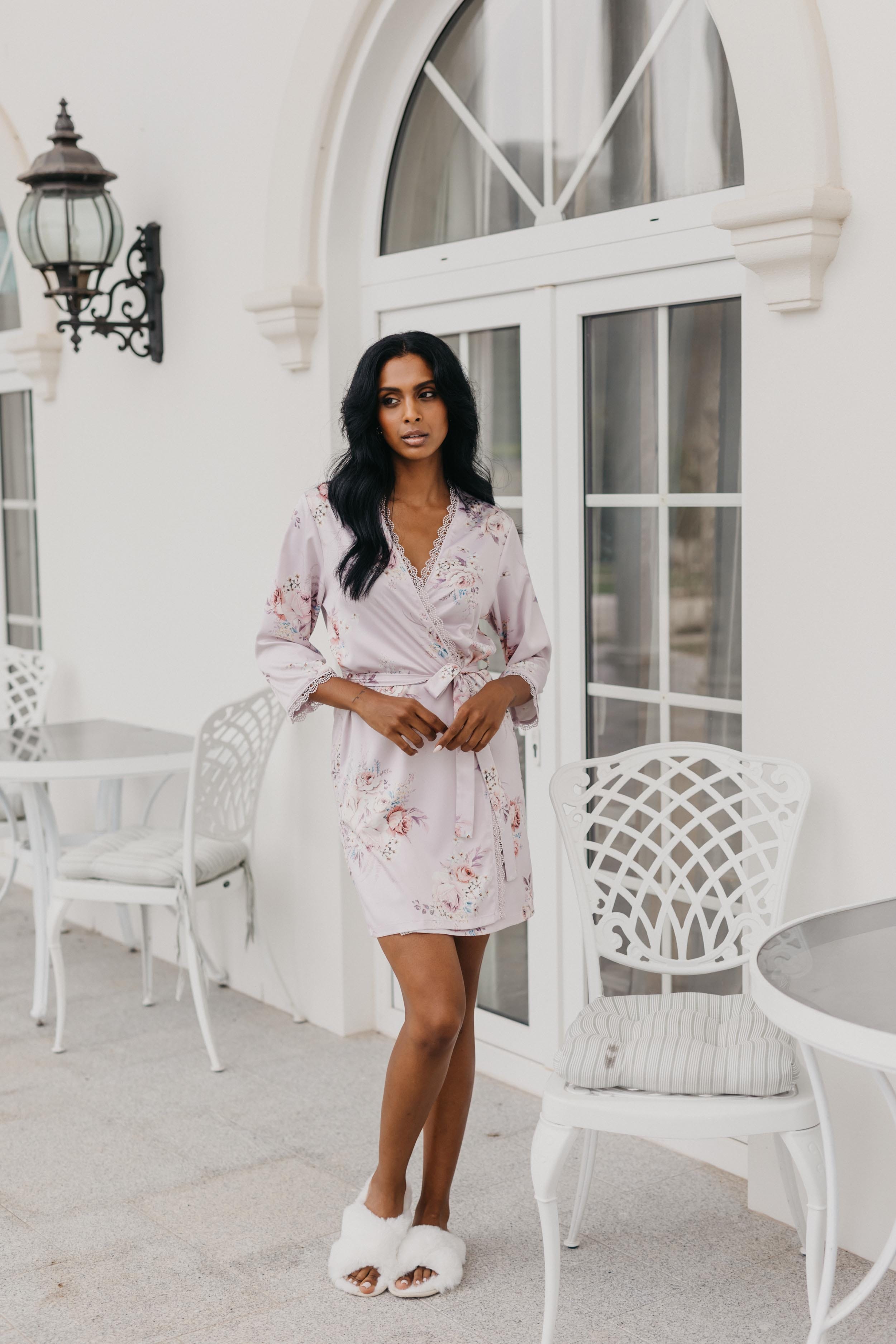 Elegant Rose Mist Floral Lace Trim Satin Robe - Women's Luxury Kimono Bathrobe for Bridal, Spa, Honeymoon & Boudoir Photography