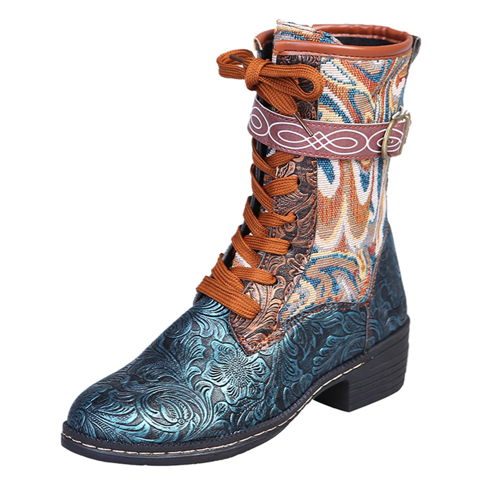 Stylish Women's Ankle Boots with Embroidery & Lace-Up Design - Square & Round Toe Retro Mid-Heel Booties for Work, Party & Casual Outfits | Perfect for Office, Date Night & Fall Fashion