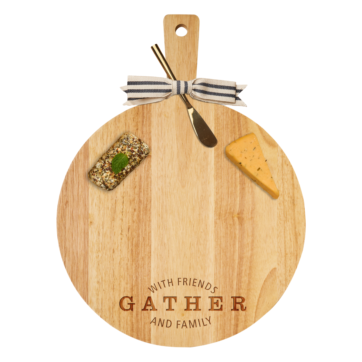 19 x 14 Inch Natural Rubberwood Round Cutting Board with Thick Handle & Gold Butter Spreader - Perfect for Charcuterie, Cheese Serving & Entertaining