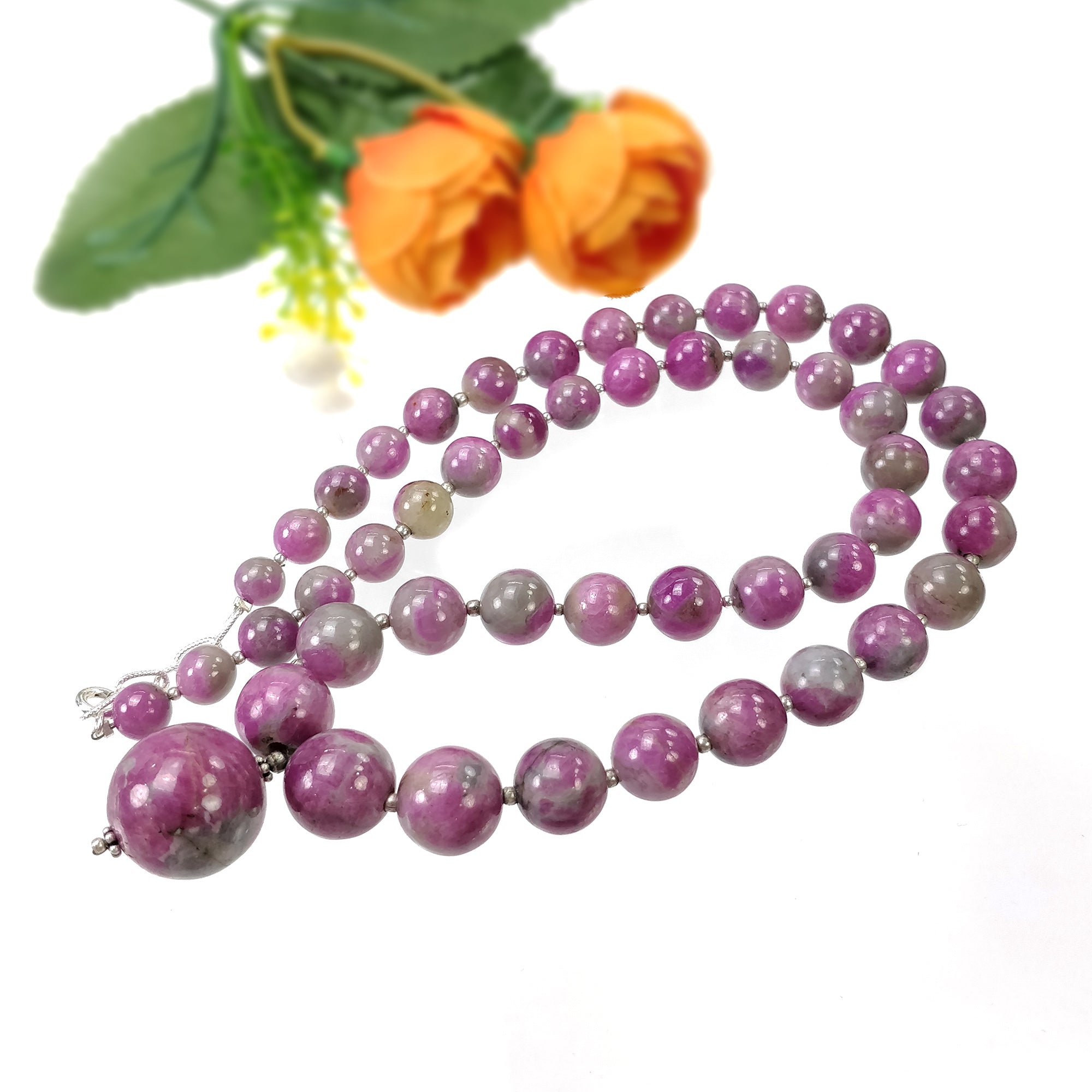 Natural Untreated Bi-Color Zoisite Ruby Gemstone Necklace - 437.35cts Genuine Ruby Balls with 925 Sterling Silver (7.5mm-21mm) | Elegant Jewelry for Women, Perfect for Weddings, Parties & Special Occasions