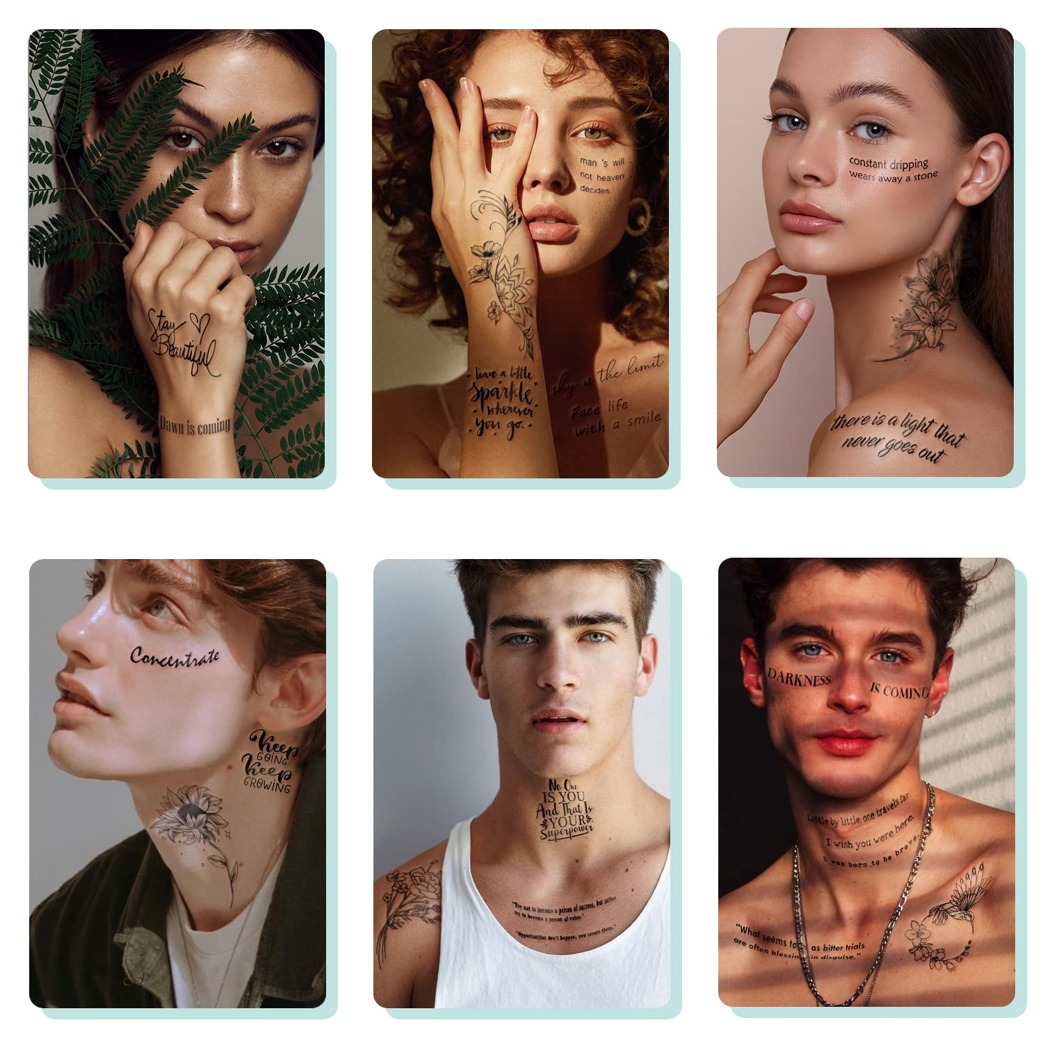 Waterproof Temporary Tattoos for Adults & Kids - 90 Sheets Realistic Fake Tattoos Set (52 Inspirational Words + 38 Floral Designs: Roses, Sunflowers & Wild Flowers) - Perfect for Parties, Halloween, Cosplay & Body Art