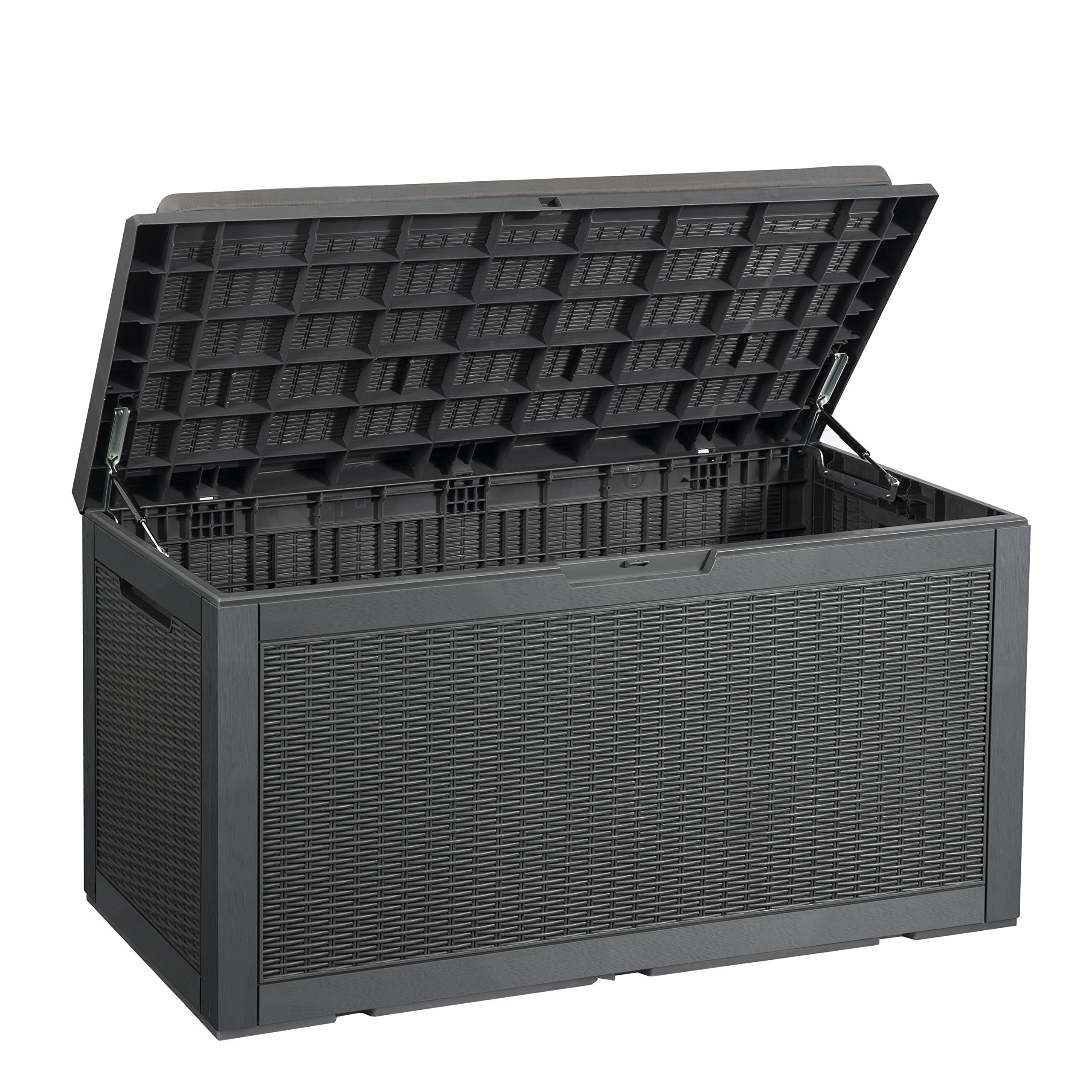 FRUITEAM 100 Gallon Outdoor Storage Box - Waterproof Lockable Deck Box with Soft Cushion Seat, Weather-Resistant Resin Bin for Patio Furniture Cushions, Pool Toys, Garden Tools - Perfect for Backyard, Poolside & Garden Organization