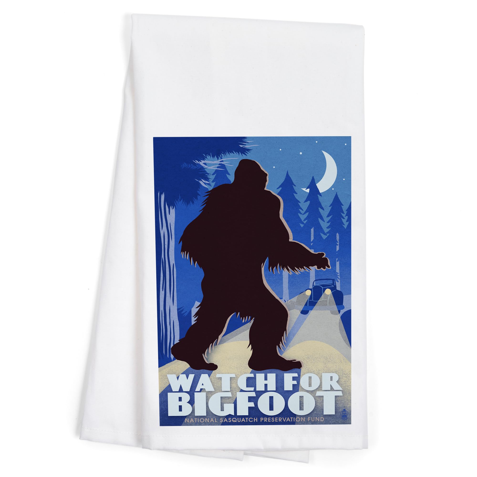 Lantern Press Watch for Bigfoot WPA Style - 100% Cotton Tea Towel & Decorative Hand Towel for Kitchen, Home Decor | Perfect for Farmhouse, Cabin & Vintage Style Kitchens