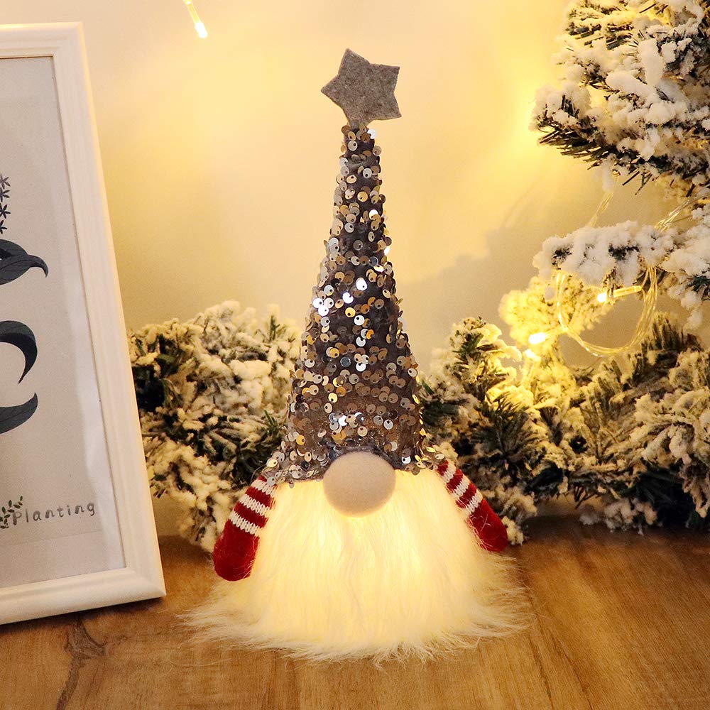 Scandinavian Christmas Gnome Lights with Timer - Set of 2 (Red & Silver) 11x4 Inch, Nordic Santa Tomte Gnome Decor for Holiday Tree, Mantel & Indoor Xmas Decorations