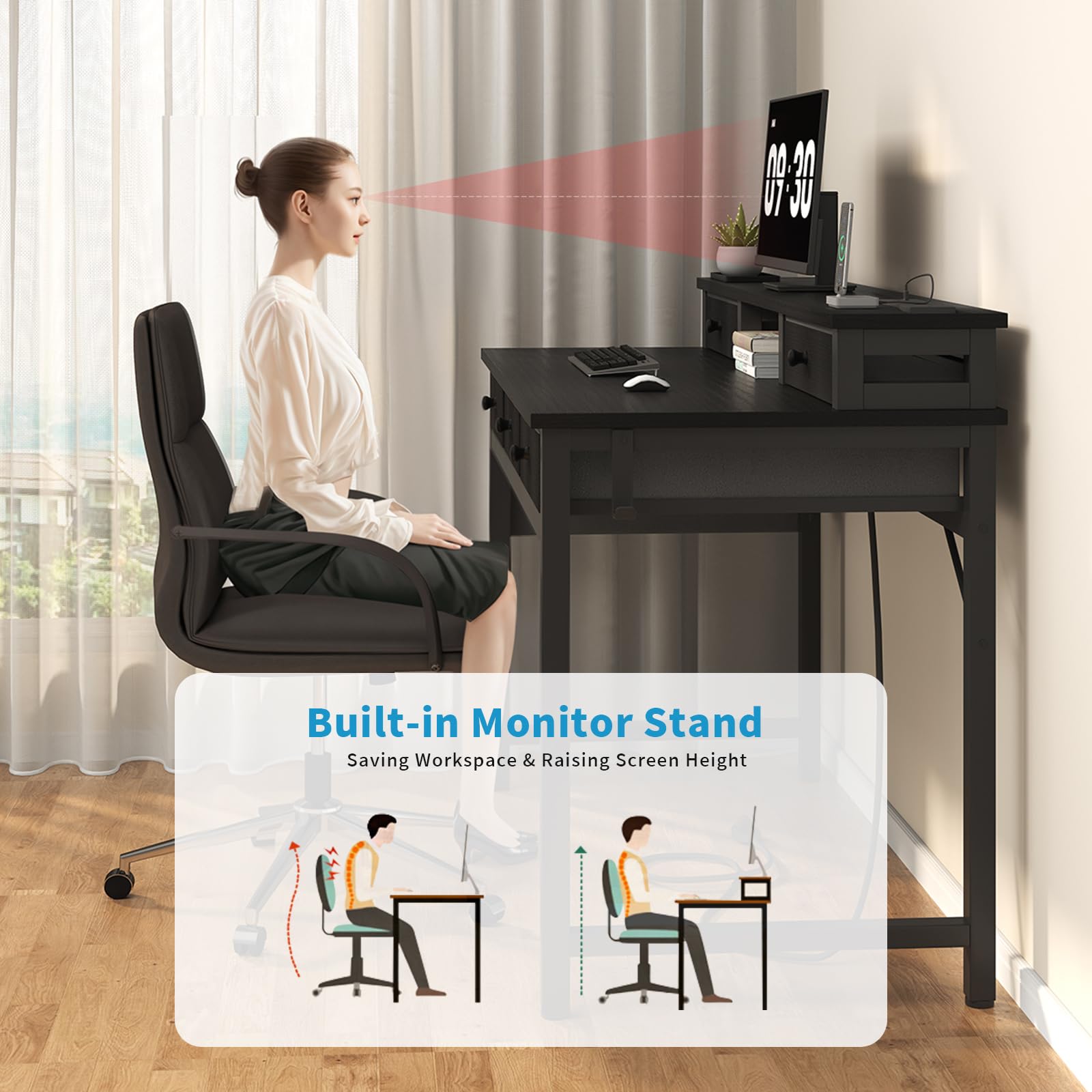 Lufeiya 40 Inch Black Computer Desk with Drawers - Home Office Desk with Storage, Power Outlet & Monitor Stand - Study Desk for Bedroom, Gaming & Workstation Use