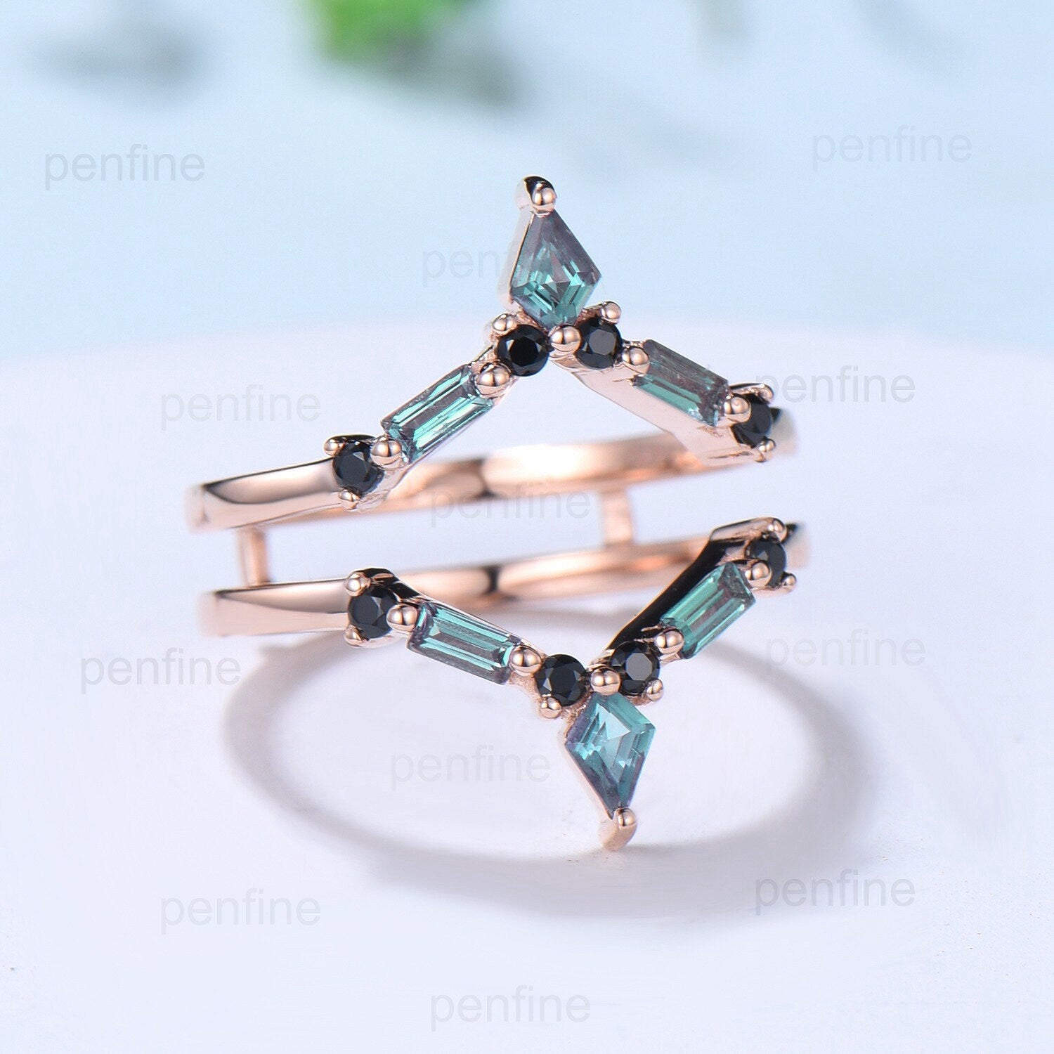 Double V Curved Kite Baguette Alexandrite Wedding Band Enhancer Wrap - Solid Rose Gold Vintage Black Spinel Stacking Ring - Anniversary Gift for Her - Perfect for Bridal Jewelry, Stacking Rings & Special Occasions