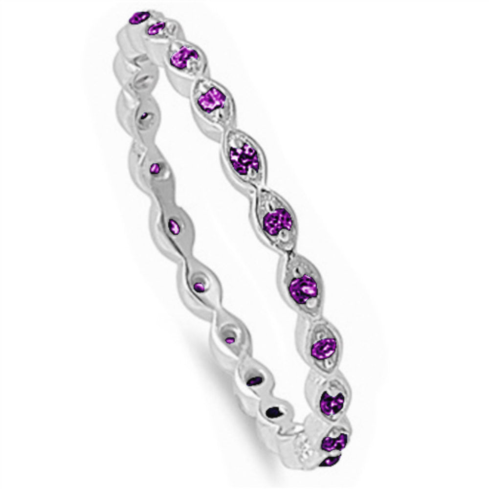 2MM Full Eternity Stackable Band Ring - Round Purple Amethyst Gemstone in Solid 925 Sterling Silver - Wedding, Engagement, Anniversary Jewelry - Perfect Gift for February Birthdays & Valentine's Day