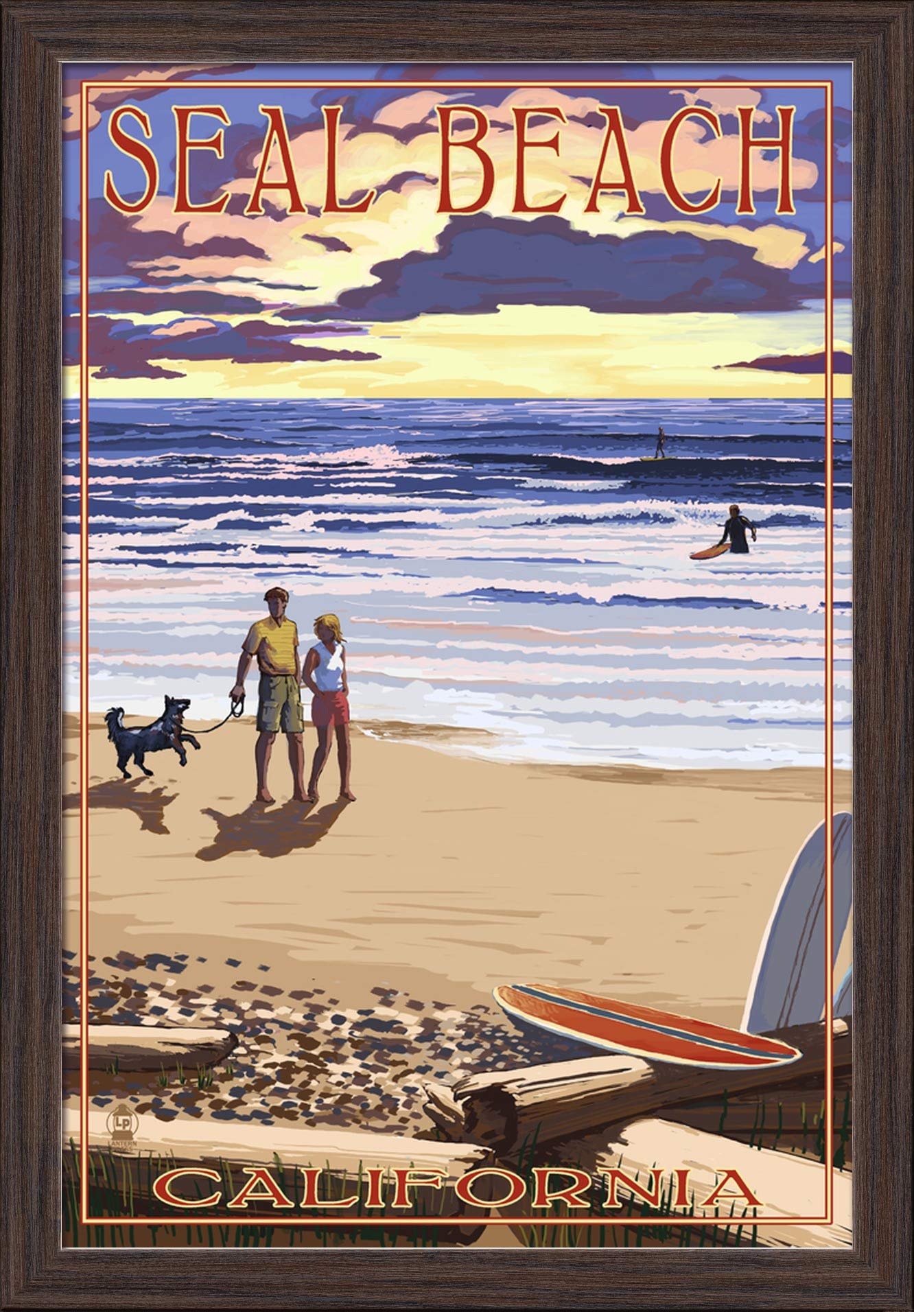 California Sunset Beach Art Print - 16x24 Giclee Fine Art on Recycled Wood Frame in Espresso Brown - Perfect for Coastal Home Decor & Beach House Wall Art