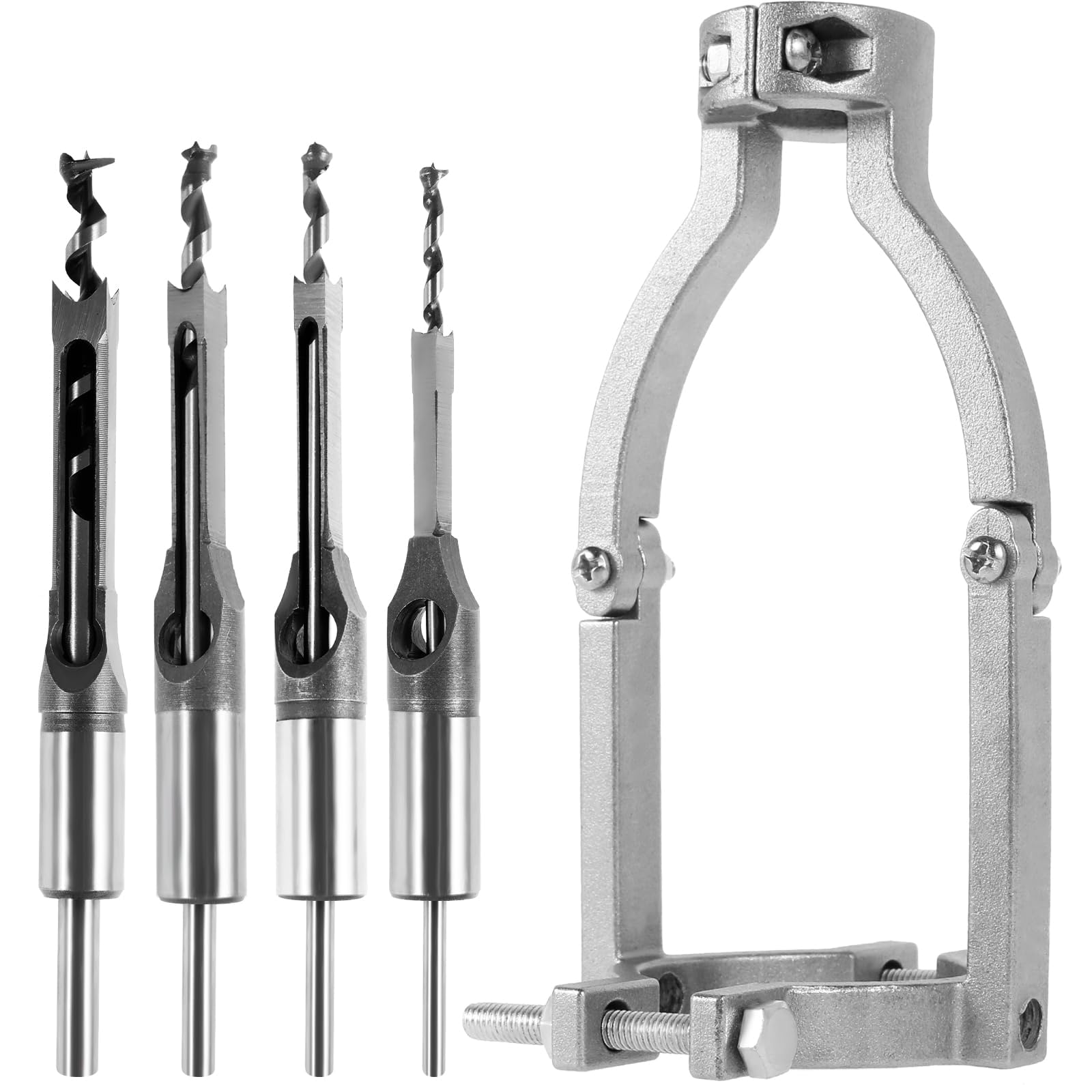 Premium Carbide Square Hole Drill Bit Adapter Kit - 4-Piece Woodworking Mortising Chisel Set with Tenon Drill Bits & Fixing Bracket for Bench Drill | Perfect for Furniture Making, Cabinet Joinery, and DIY Wood Projects