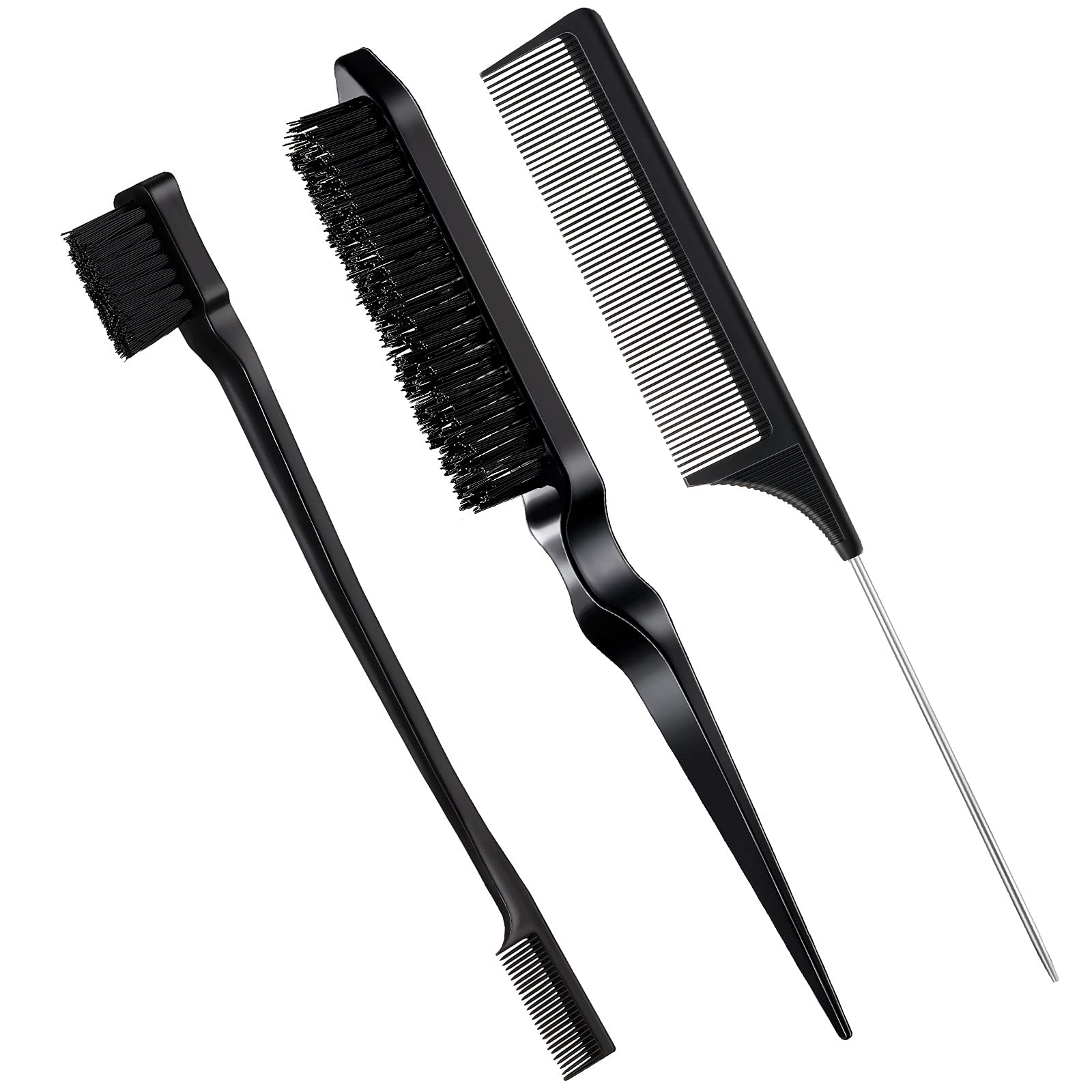 Geiserailie 3-Piece Slick Back Hair Brush Set - Boar Bristle Brush & Edge Control Teasing Comb for Women - Perfect for Black Hair Styling & Salon Use (Black) | Great for Smoothing, Styling & Edge Taming at Home or Professional Salon
