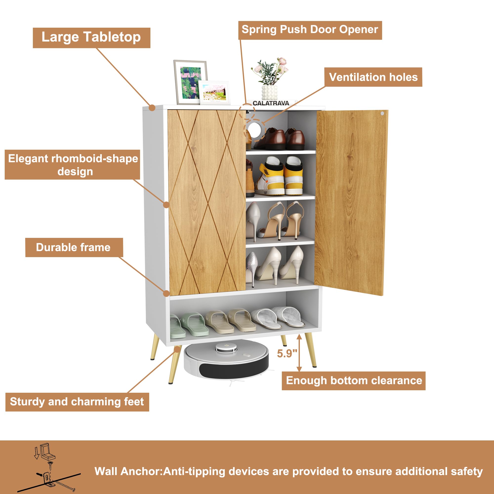 HOMEFORT 18-Pair Shoe Storage Cabinet - 6-Tier Modern Shoe Rack Organizer with Double Doors & Adjustable Shelves for Entryway, Closet or Bedroom - White Oak Shoe Cabinet for Narrow Spaces