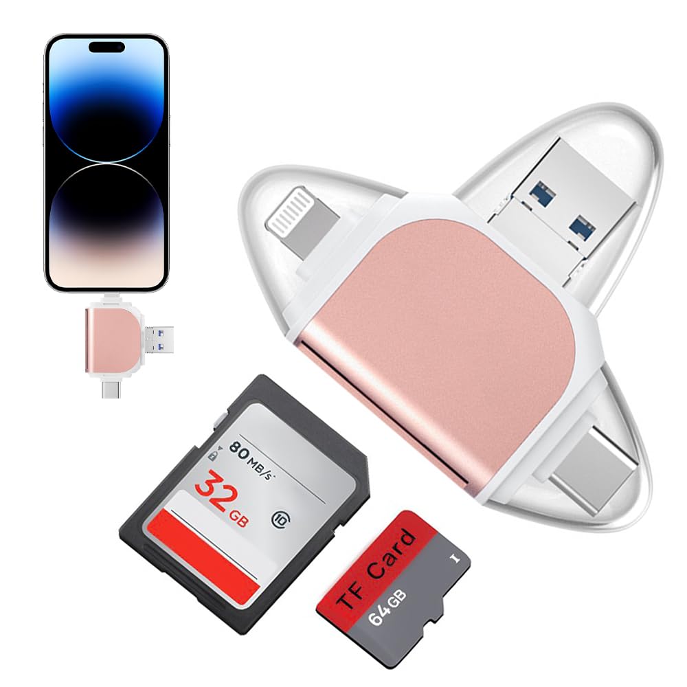 WDKXCN 4-in-1 USB 3.0 Multi-Port Card Reader - Universal SD/TF/Micro SD Memory Card Adapter for Apple iPhone, Android Phones, Cameras, Laptops (Pink) - Perfect for Photo Transfer, Data Backup & Mobile Storage Expansion