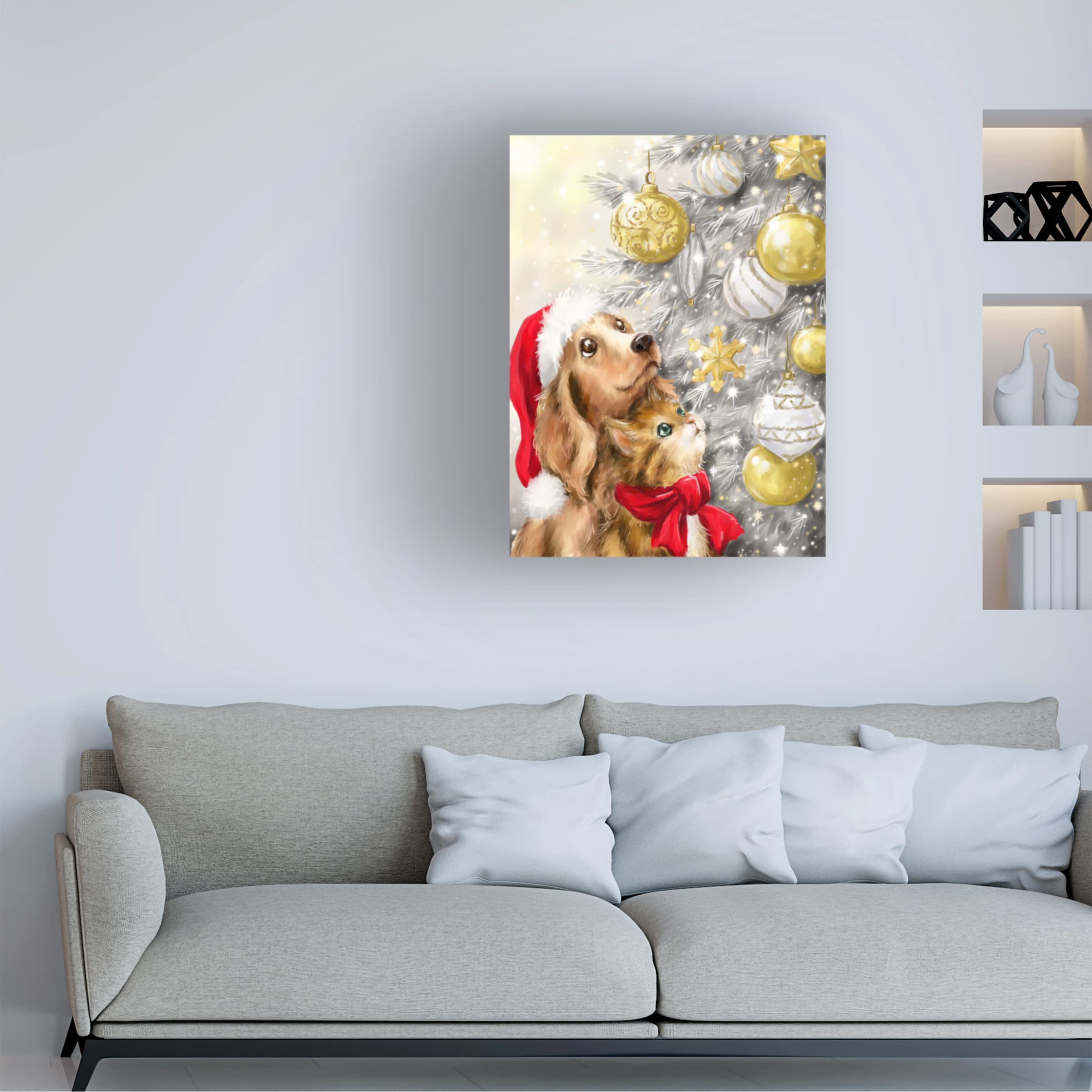 Trademark Fine Art 'Dog and Cat with Baubles' Canvas Wall Art by Makiko - Perfect for Living Room, Bedroom, and Home Decor