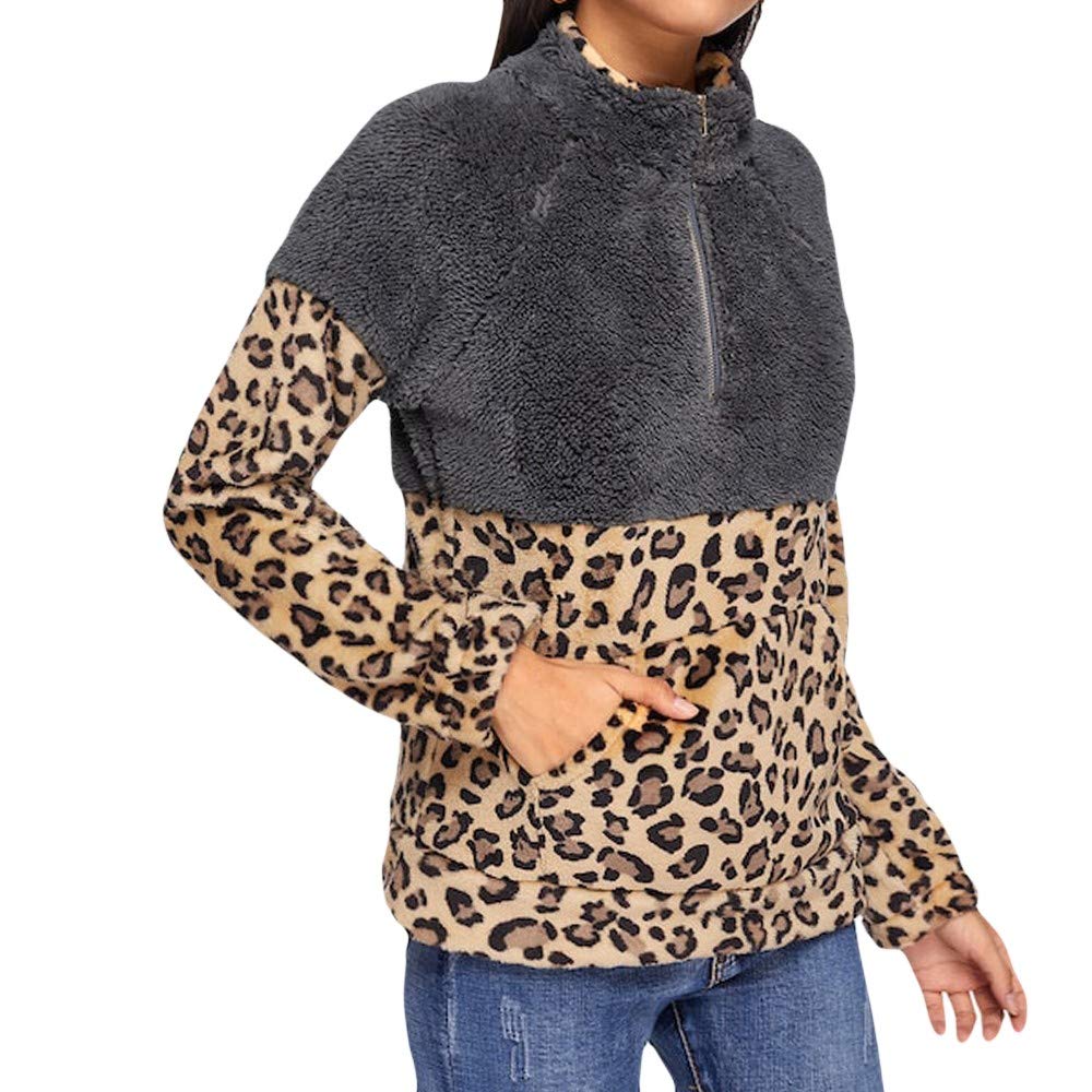 Kulywon Women's Long Sleeve Fleece Sweatshirt - Warm Zip Up Leopard Print Fuzzy Hoodie Pullover for Winter, Casual Outfits & Outdoor Activities