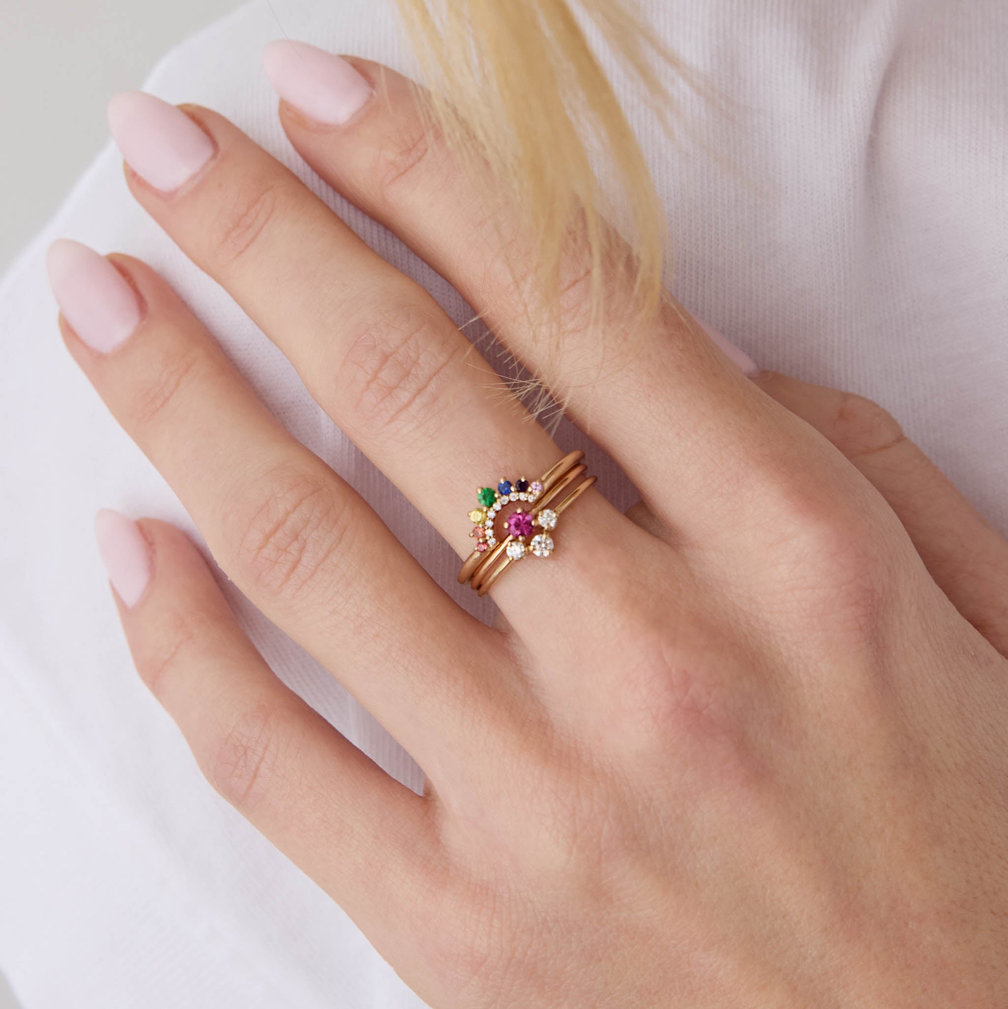 14K Gold Graduated Prong Rainbow Sapphire & Pavé Diamond Double Arch Ring for Women | Elegant Stackable Statement Jewelry for Weddings, Anniversaries & Special Occasions