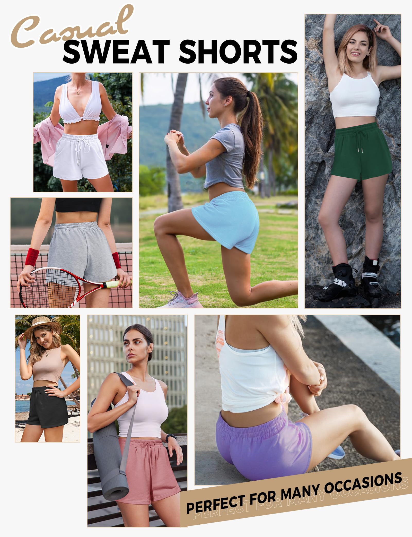 **Women's Cotton French Terry Sweat Shorts with Drawstring & Pockets – Summer Lounge, Athletic Running, Active Wear – Trendy Black 2024 | Perfect for Gym, Yoga, Travel & Casual Outfits**