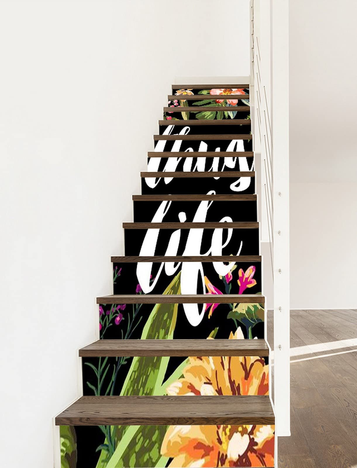 3D Self-Adhesive Removable Tropical Floral Stair Stickers - Vintage Black Background Vinyl Decals for Stair Risers, Kitchen Tiles & Wall Murals (13-Piece Set) - Perfect for Home Decor, DIY Projects & Room Makeovers