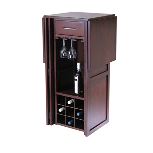 Ergode Newport Expandable Wine Bar Countertop with Hanging Glass Rack - Solid Wood Walnut Finish - Holds 9 Bottles, Drawer & Open Shelf Storage - Perfect for Home Bar, Kitchen Island, or Dining Room Decor (94350-VV)
