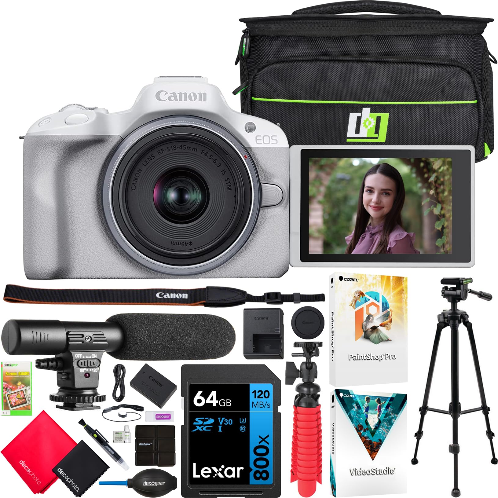 Canon EOS R50 Mirrorless Digital Camera (White) with RF-S 18-45mm F4.5-6.3 IS STM Lens - Complete Bundle Including Photography Bag, External Microphone, Tripod & Accessories Kit for Vlogging, Travel & Portrait Photography