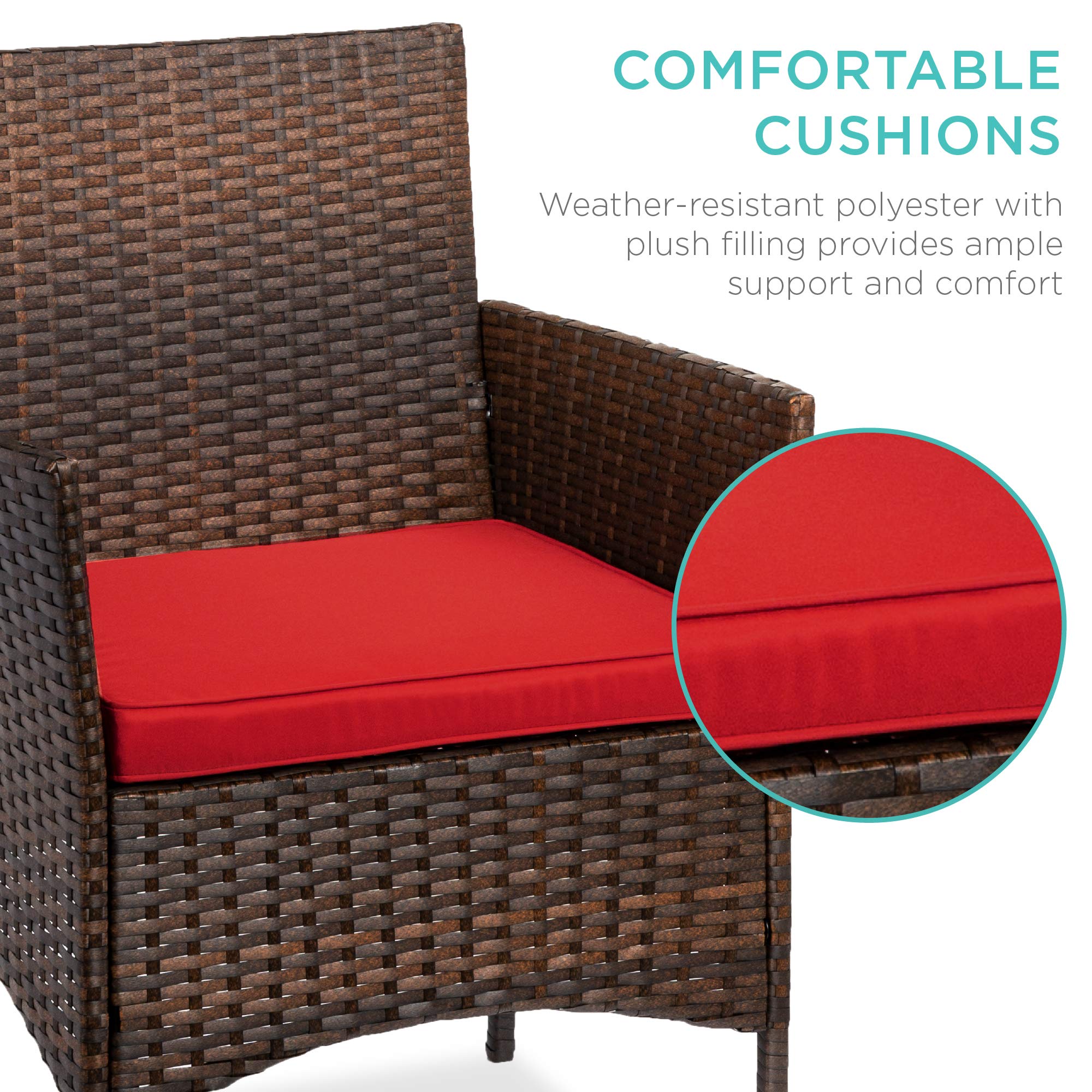 Best Choice Products 3-Piece Outdoor Wicker Conversation Bistro Set - Space Saving Patio Furniture with Side Table for Garden, Balcony or Backyard - Brown/Red Cushions - Perfect for Relaxing and Entertaining Outdoors