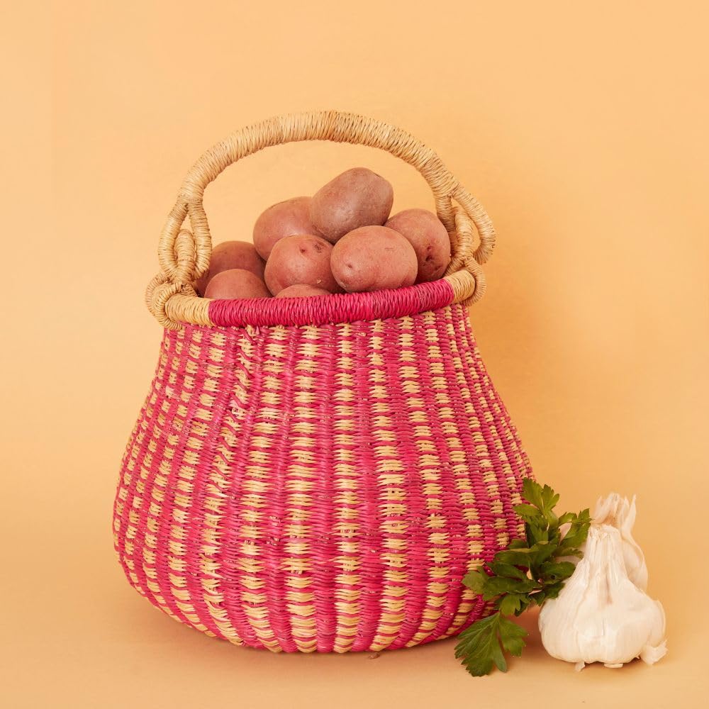 Handwoven Pink Bolga Basket - Small African Woven Pot for Home Decor, Storage & Gift Giving | Perfect for Living Room, Bedroom & Kitchen Organization