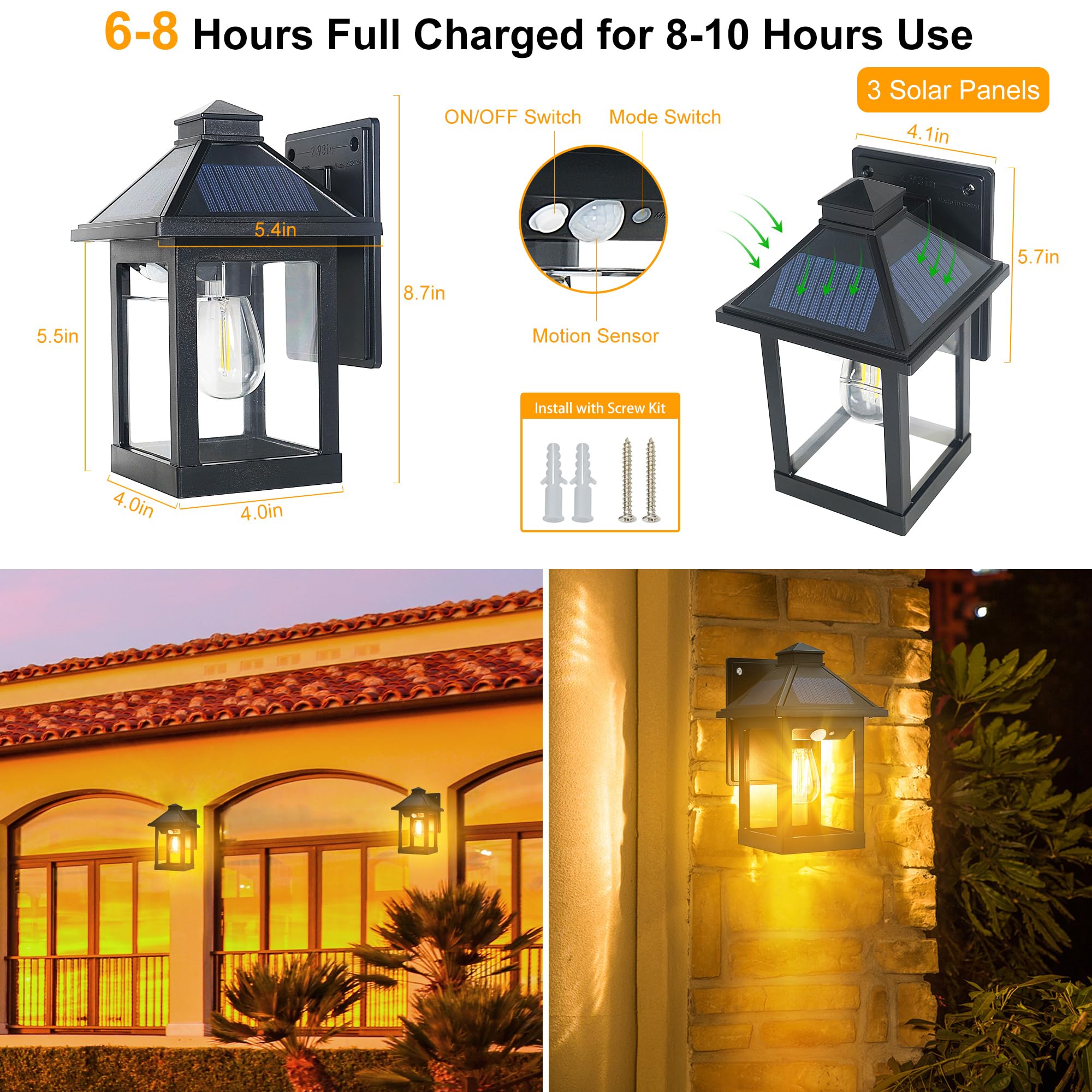 2 Pack Solar Powered Outdoor Wall Lantern Lights - LED Dusk to Dawn Motion Sensor Security Lights with 3 Lighting Modes, Waterproof Solar Sconce for Front Porch, Patio, Garage, Garden & Pathway Lighting (Perfect for Home Security & Landscape Illumination)