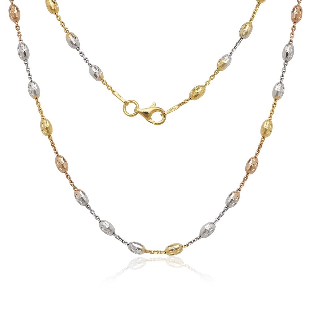 Elegant Tri-Color Sterling Silver Diamond-Cut Moon Oval Beaded Chain Necklace for Women - Perfect for Weddings, Parties & Everyday Wear